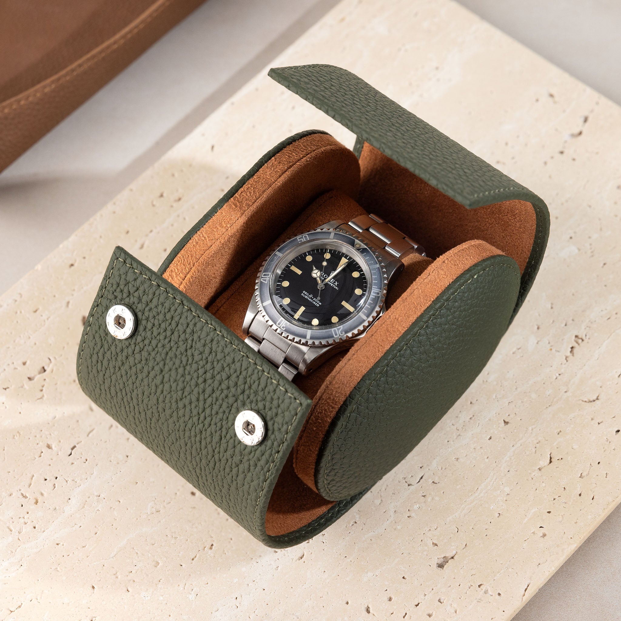 Oval Single Olive Green Leather Watch Box