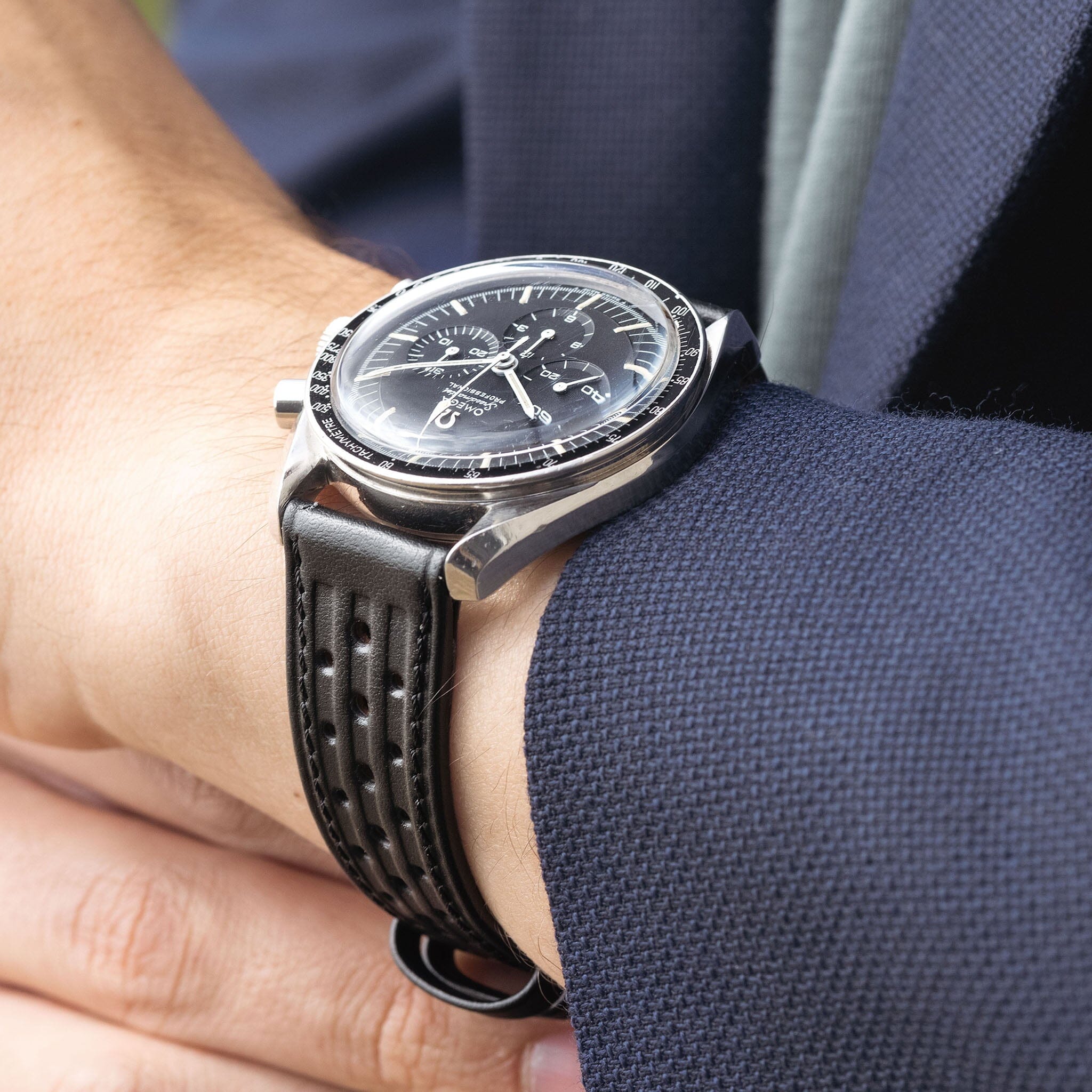 Omega black leather clearance watch