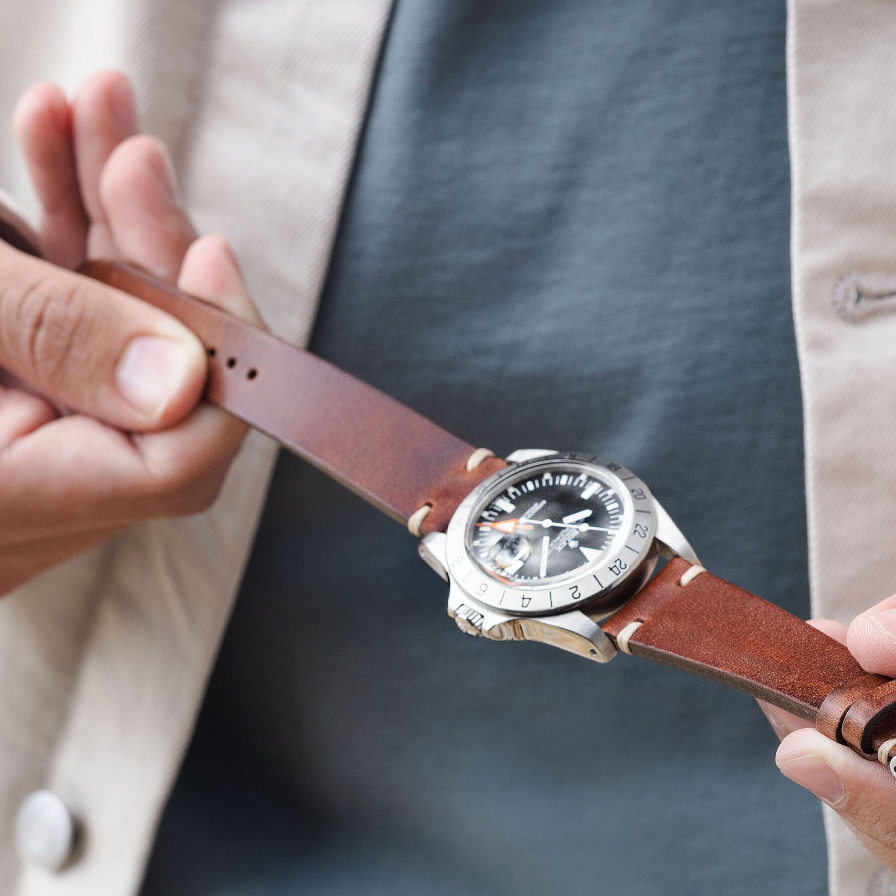Siena Brown Leather Watch Strap on a Rolex 1655 Explorer II Orange Hand