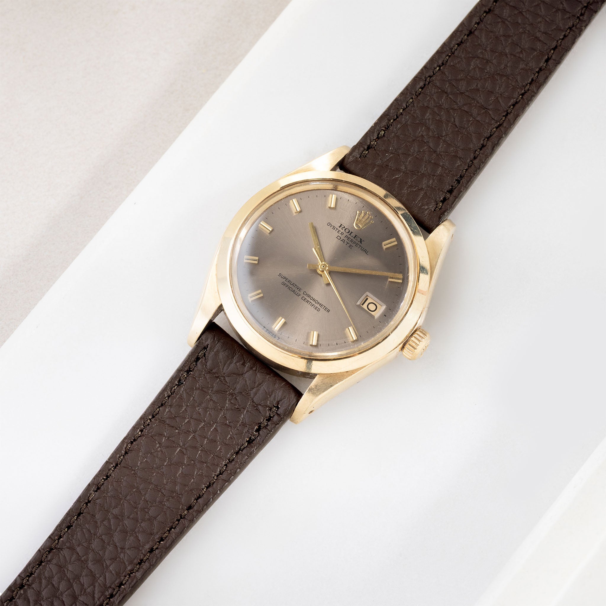 Grana Dark Brown Tonal Watch Strap on a Rolex Date in Gold