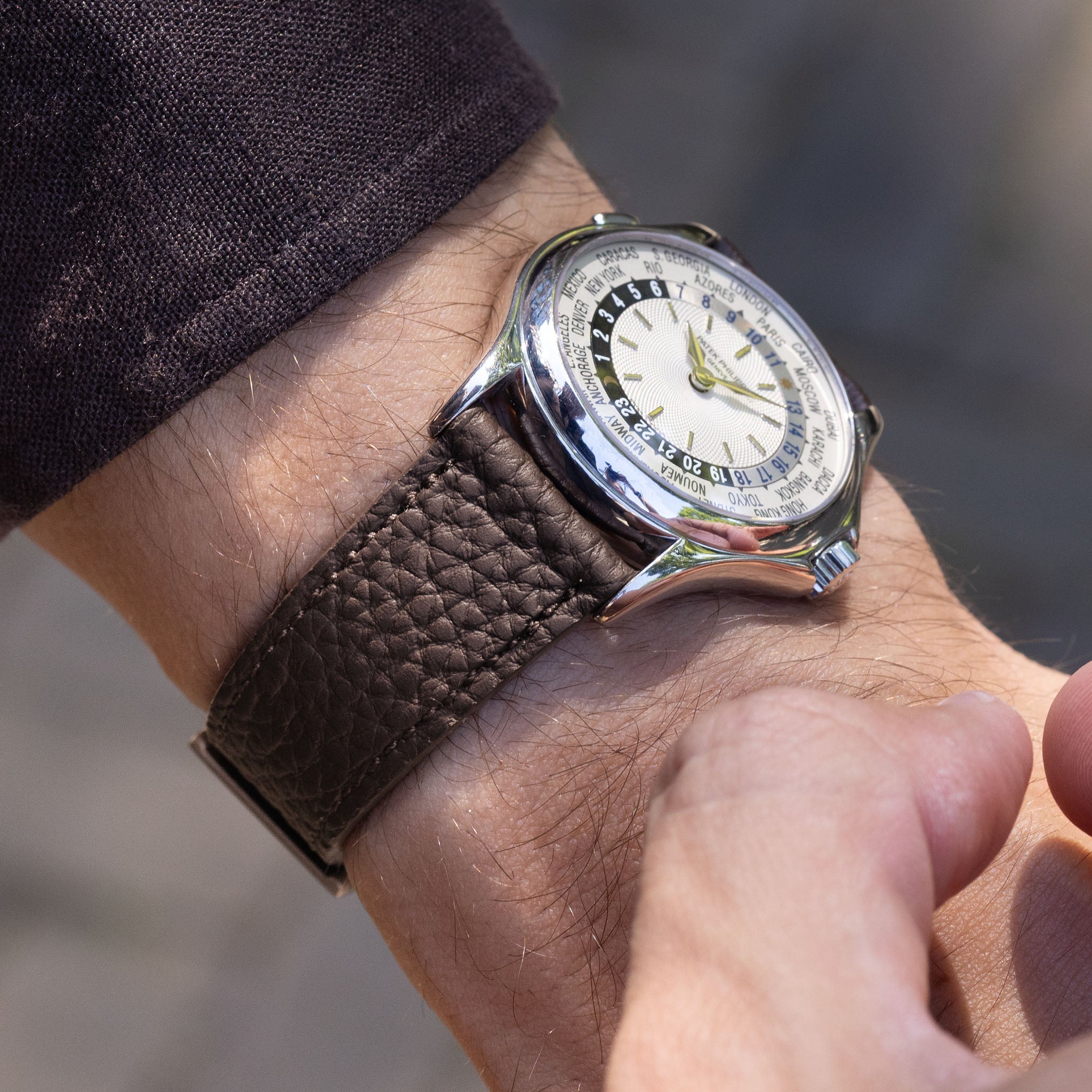Grana Dark Brown Tonal Watch Strap on Patek  Philippe ref. 5110 Word Time