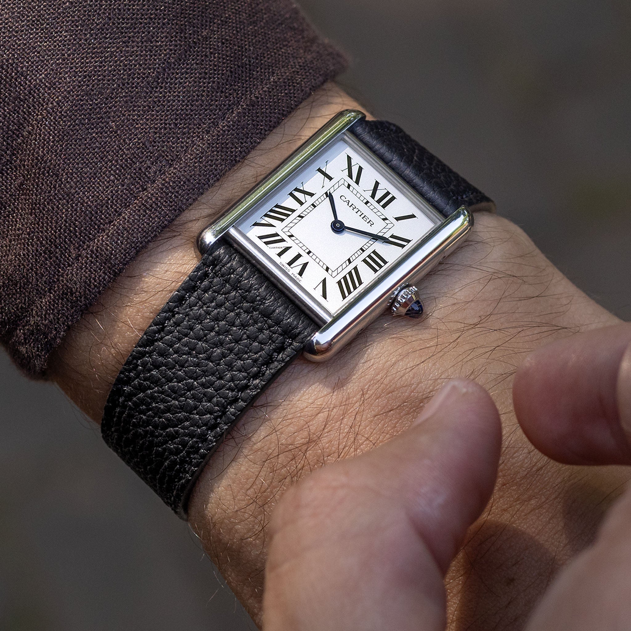 Grana Noir Tonal Watch Strap on Cartier Tank Must Large