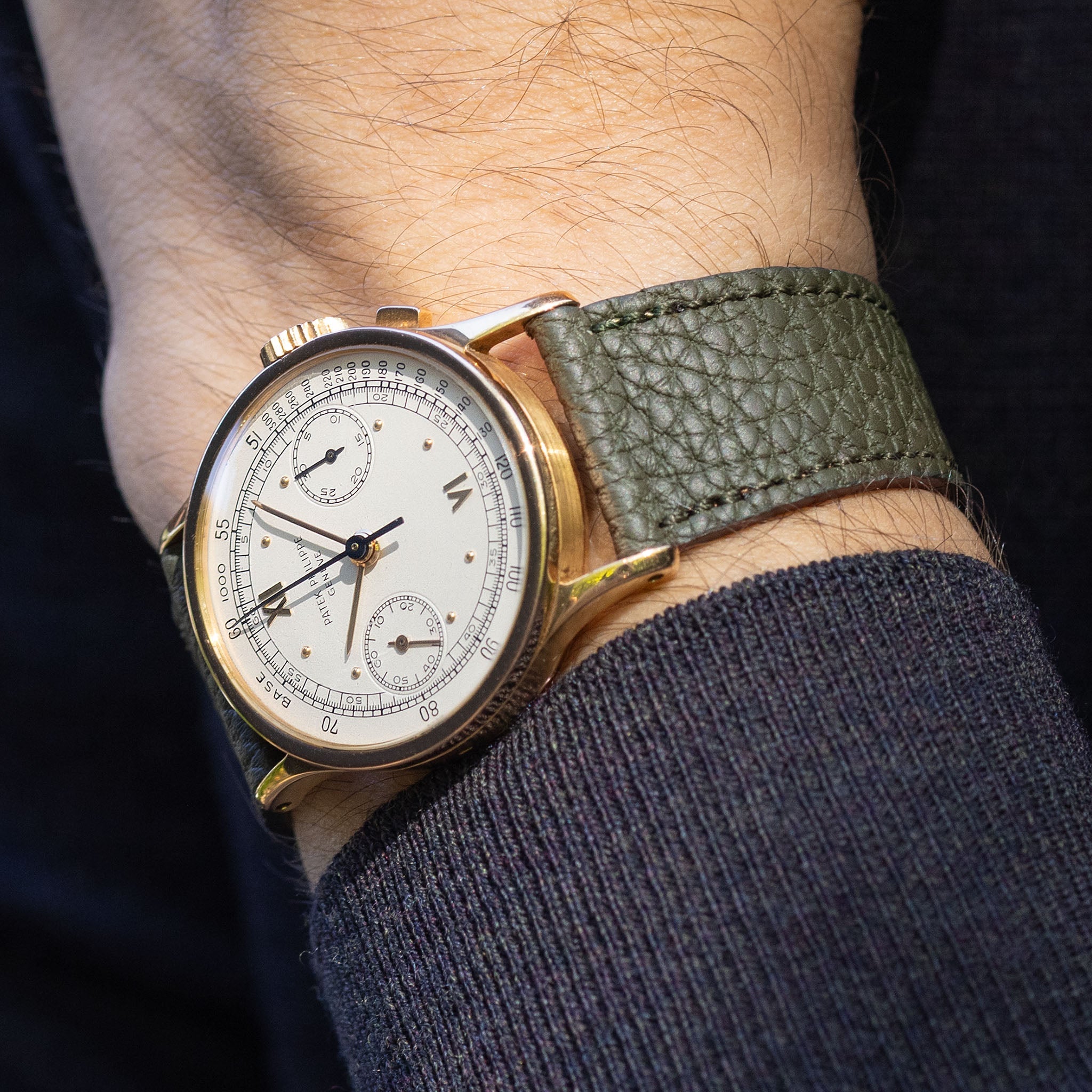 Grana Olive Tonal Leather Watch Strap on Patek Philippe ref. 130 533 Chronograph