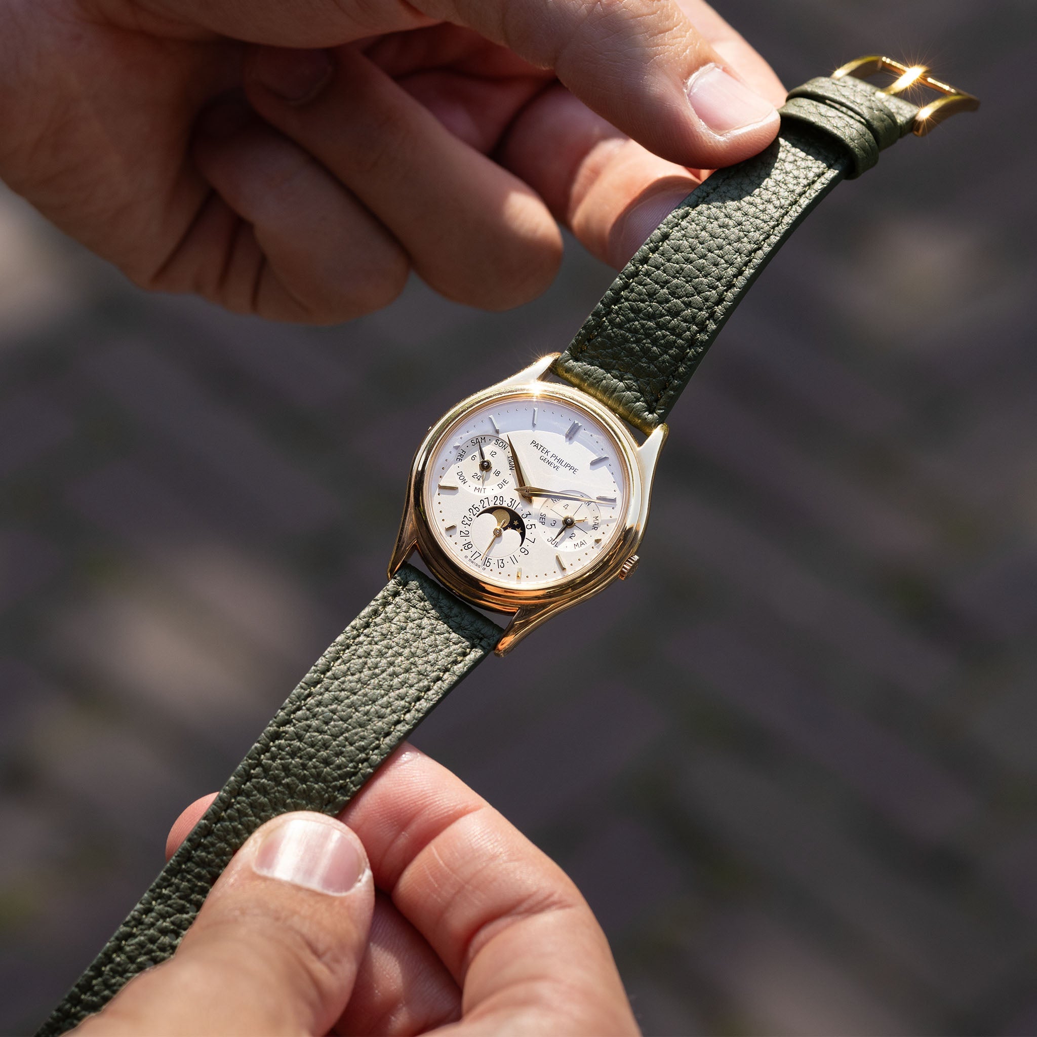 Grana Olive Tonal Leather Watch Strap on patek Philippe ref. 3940 Perpetual Calendar
