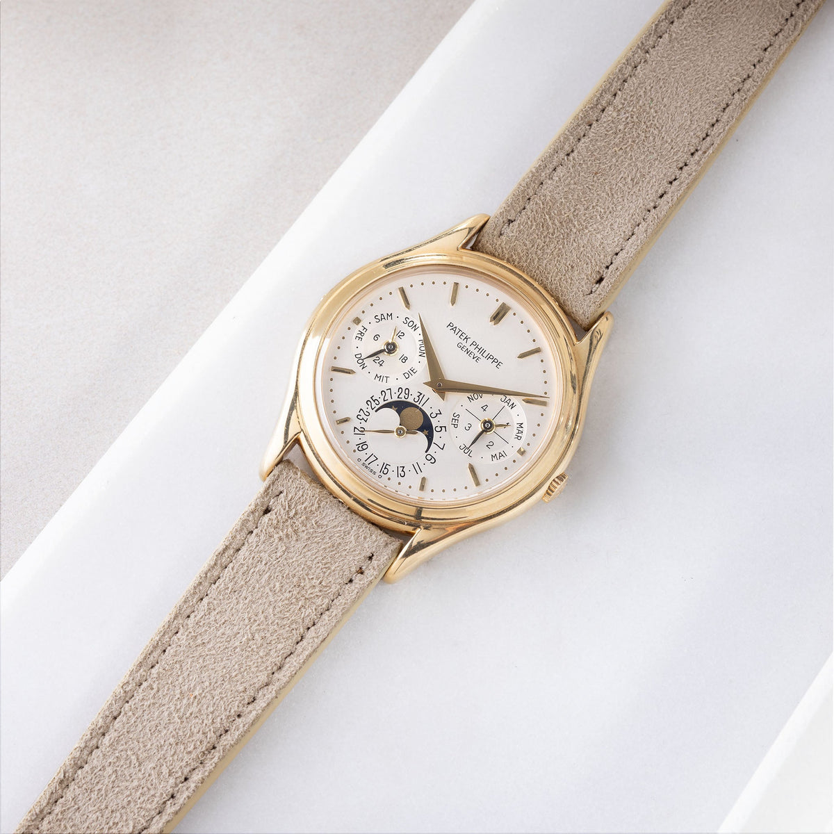 Goatskin Suede Leather Watch Strap - Soft Sand on Patek Philippe ref. 3940
