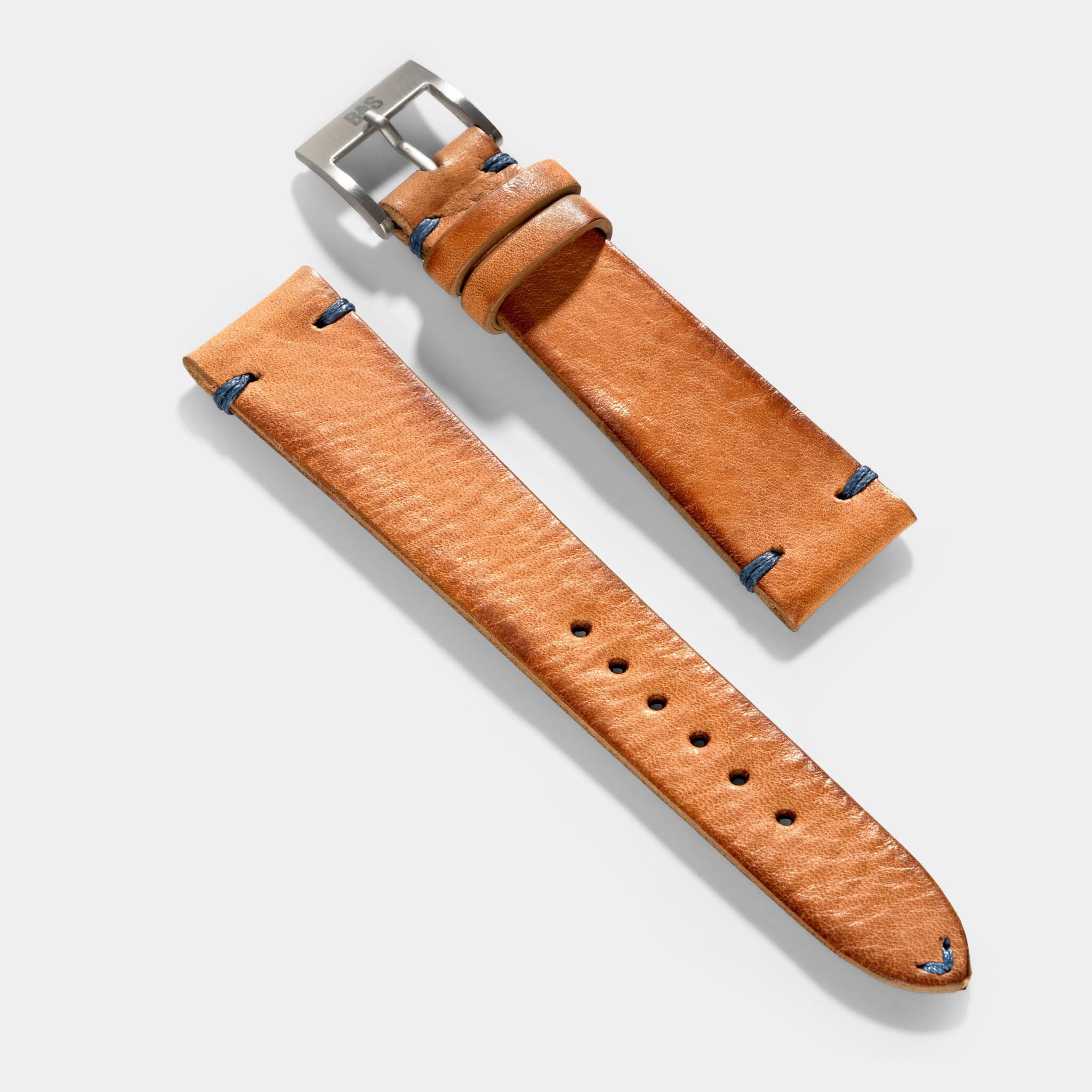 Caramel Brown Blue Stitch Leather Watch Strap