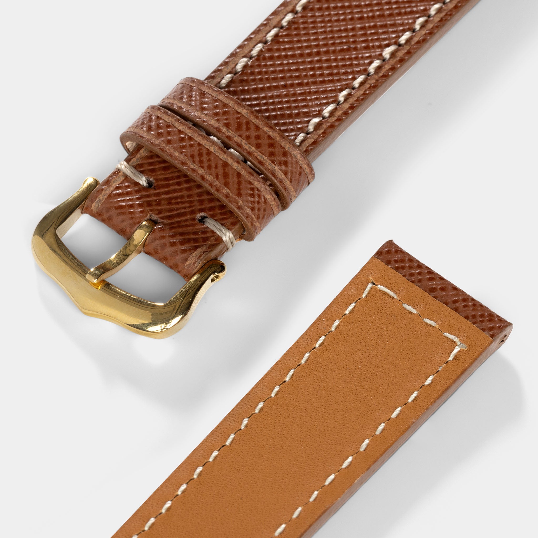 Strap for Cartier 17.5mm - Saffiano Cognac Brown Leather - Boxed Stitch