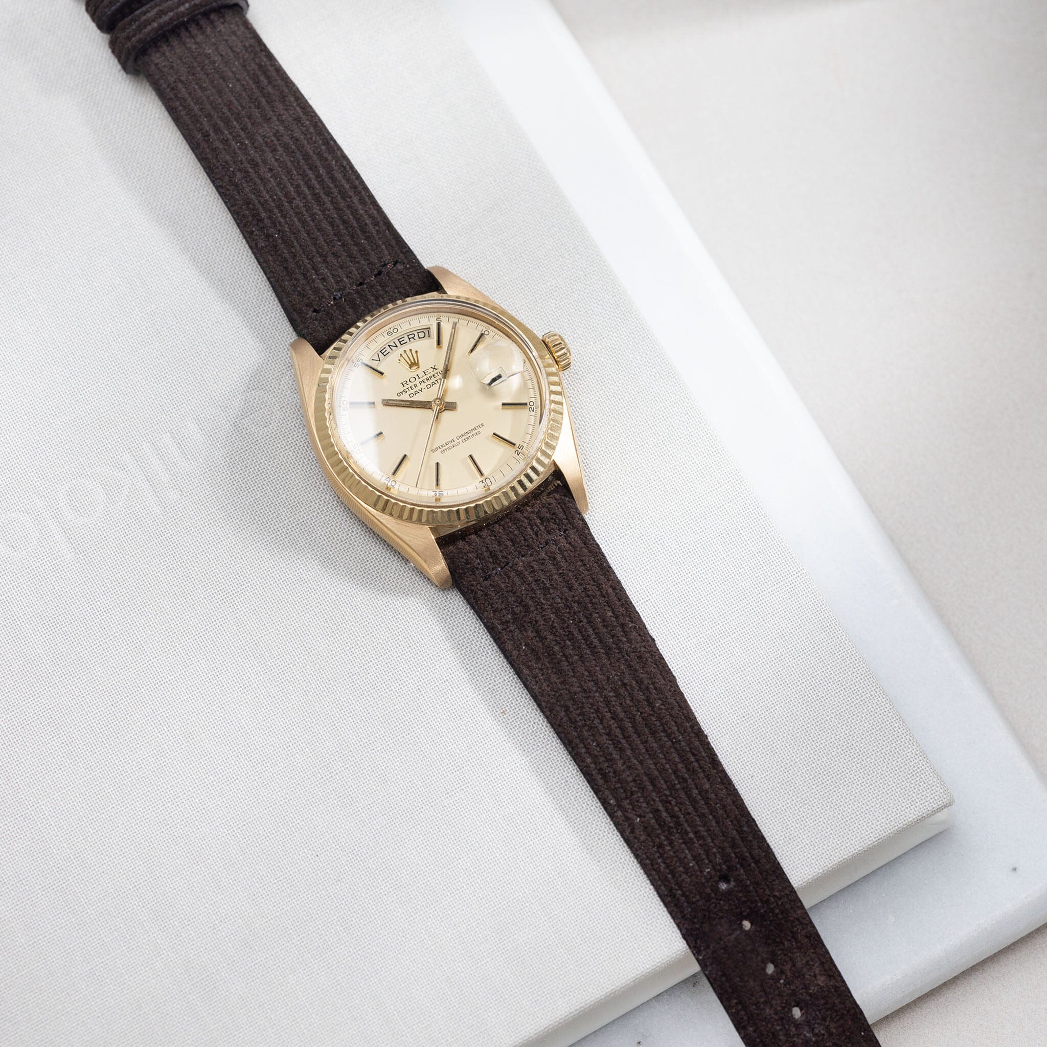 Velvet Style Brown Suede Leather Watch Strap on Rolex 1803 Day Date