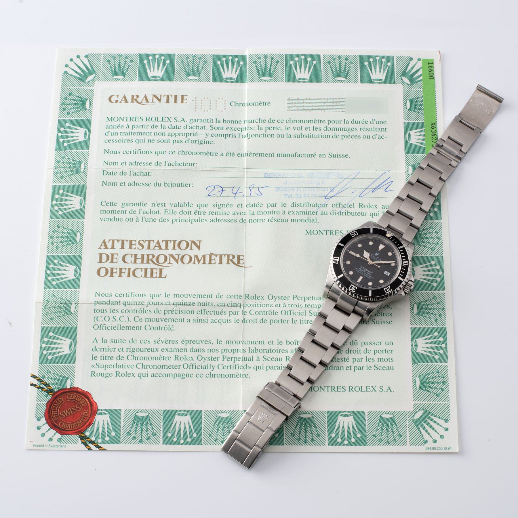 Rolex Seadweller Reference 16600 box and paper set 1995 punched papers