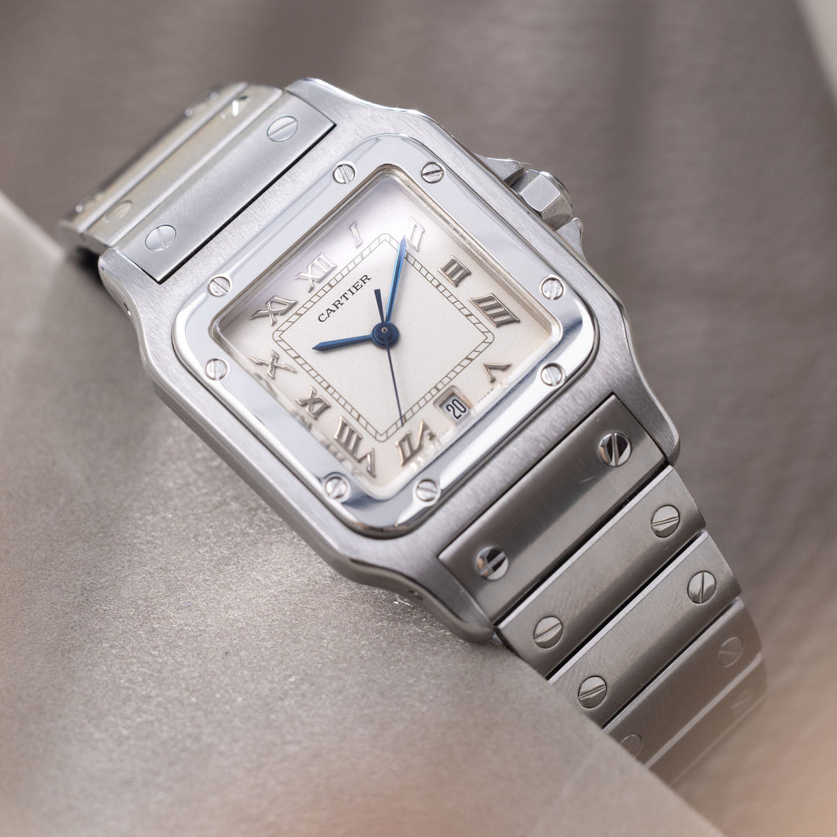Steel Santos Galbée 987901 with the cream matte dial and applied numerals, date at three. · Photo: Bulang & Sons · © Bulang & Sons, used with permission · Source: https://bulangandsons.com/products/cartier-santos-galbee-987901-steel-case-with-cream-matte-dial-w1917
