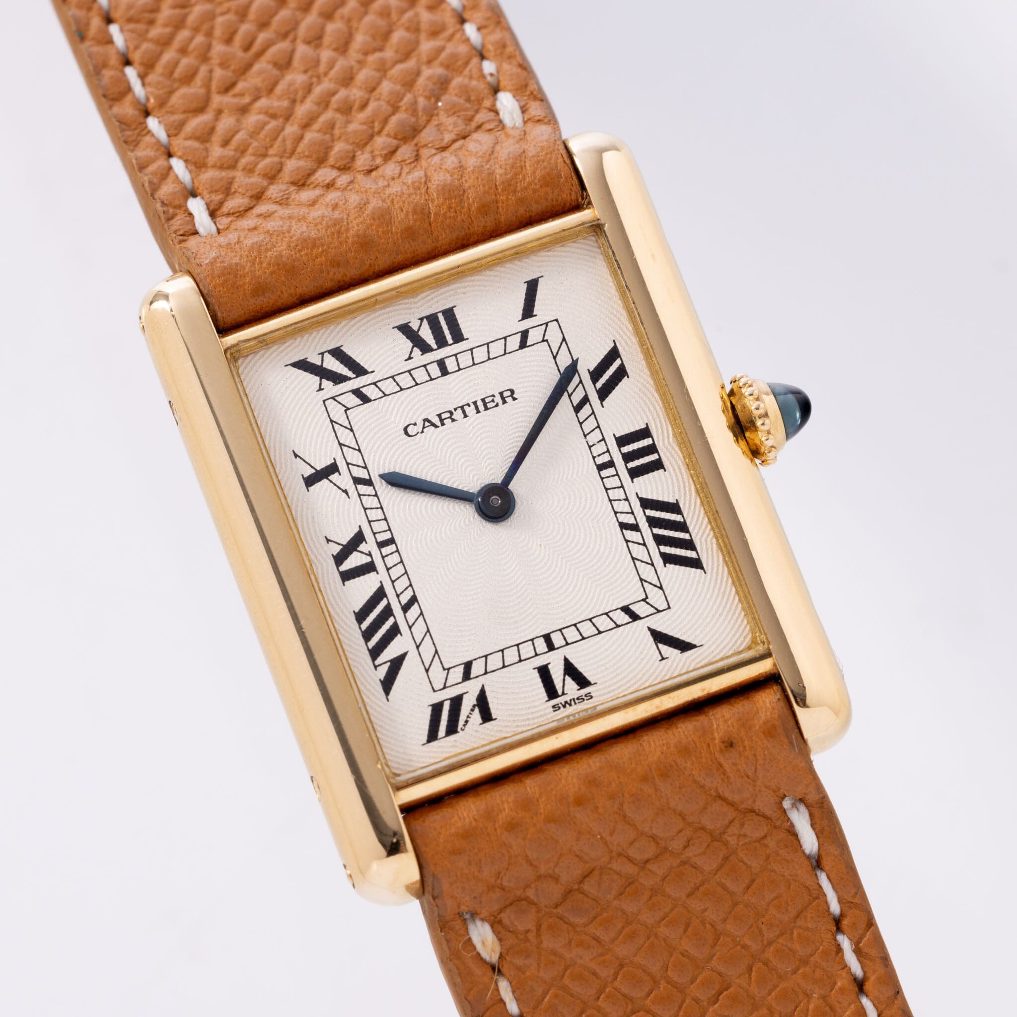 Tank Louis Cartier watch Large model, hand-wound mechanical movement,  yellow gold, leather