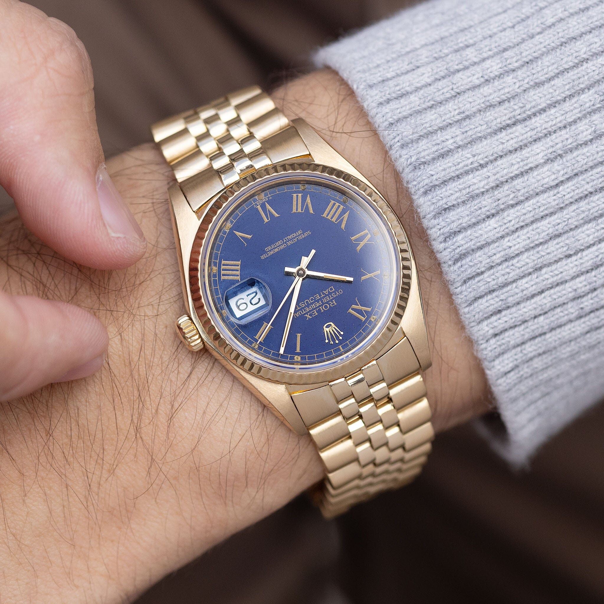 Rolex Datejust Yellow Gold Blue Buckley Dial Ref 16018