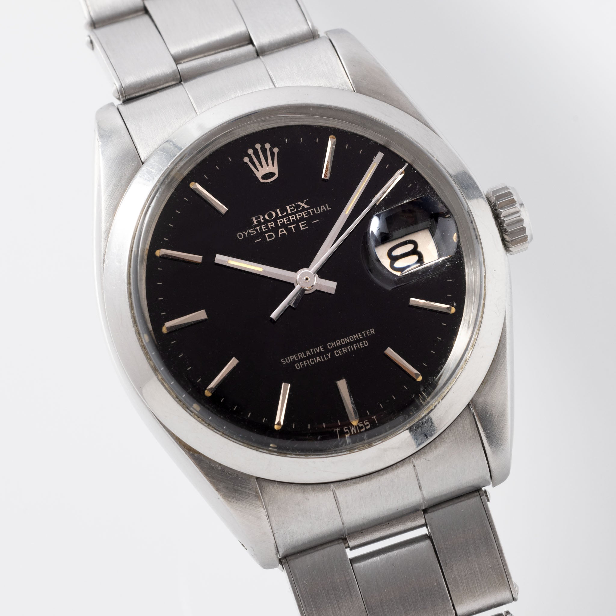 Rolex Oyster Perpetual Date Black Dial Silver Print "Upside Down" Ref 1500