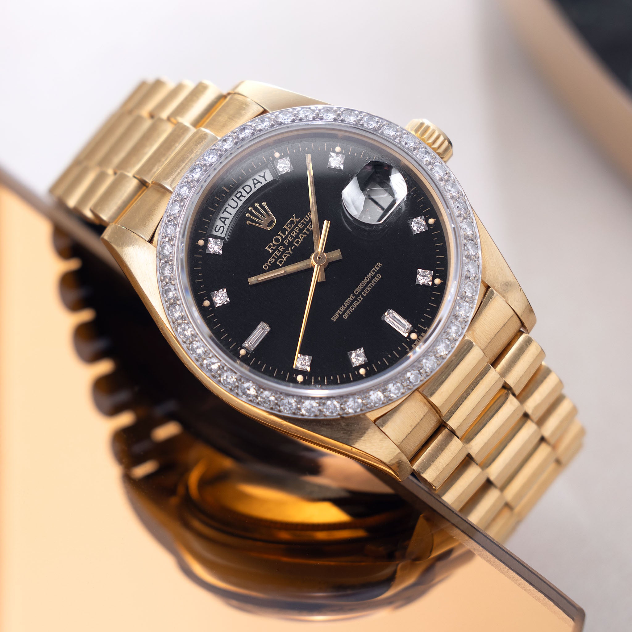 Rolex Day Date 18048 Black Dial Diamond Bezel