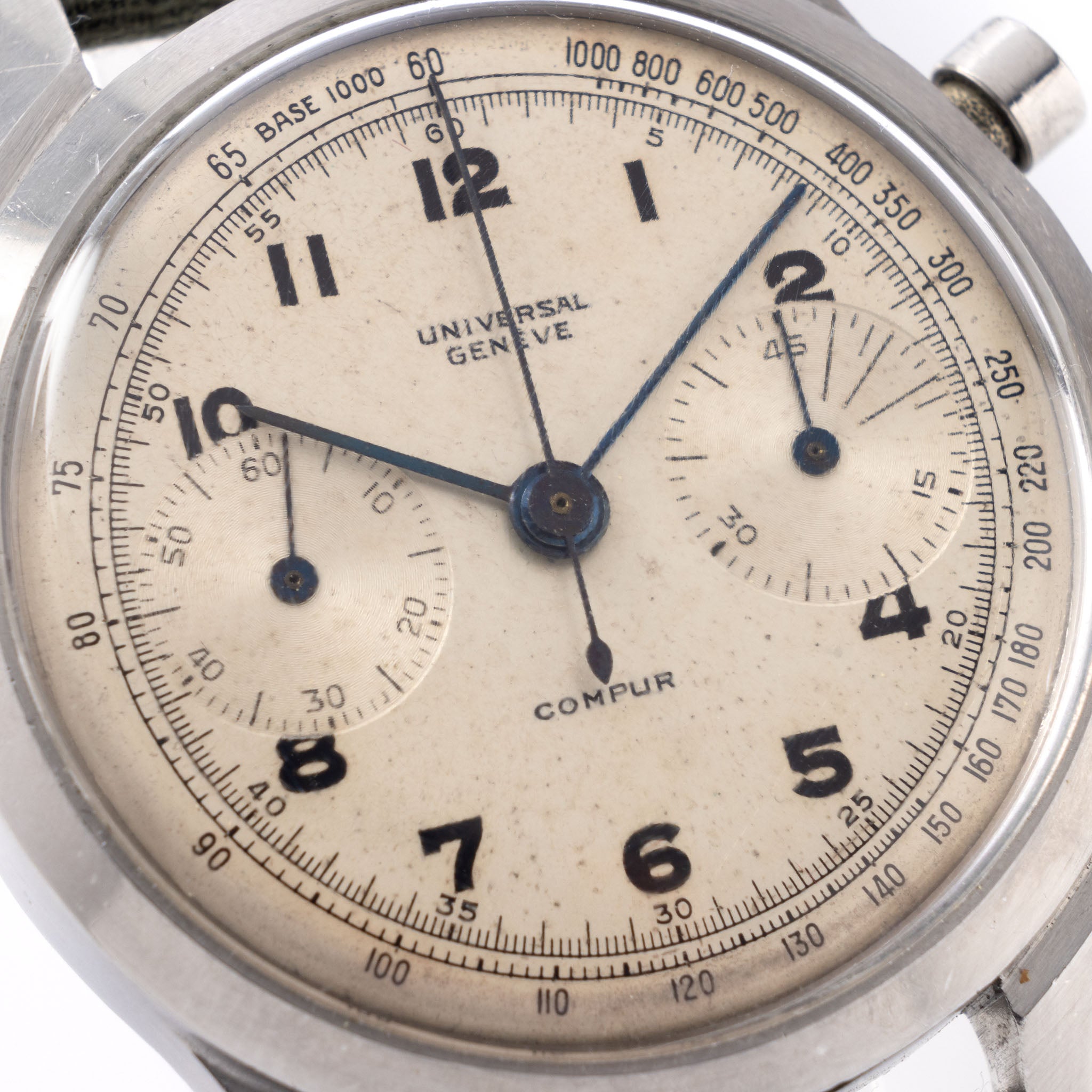 Universal Genève Compur Chronograph Steel Spillmann Case Silver Dial Ref 22409