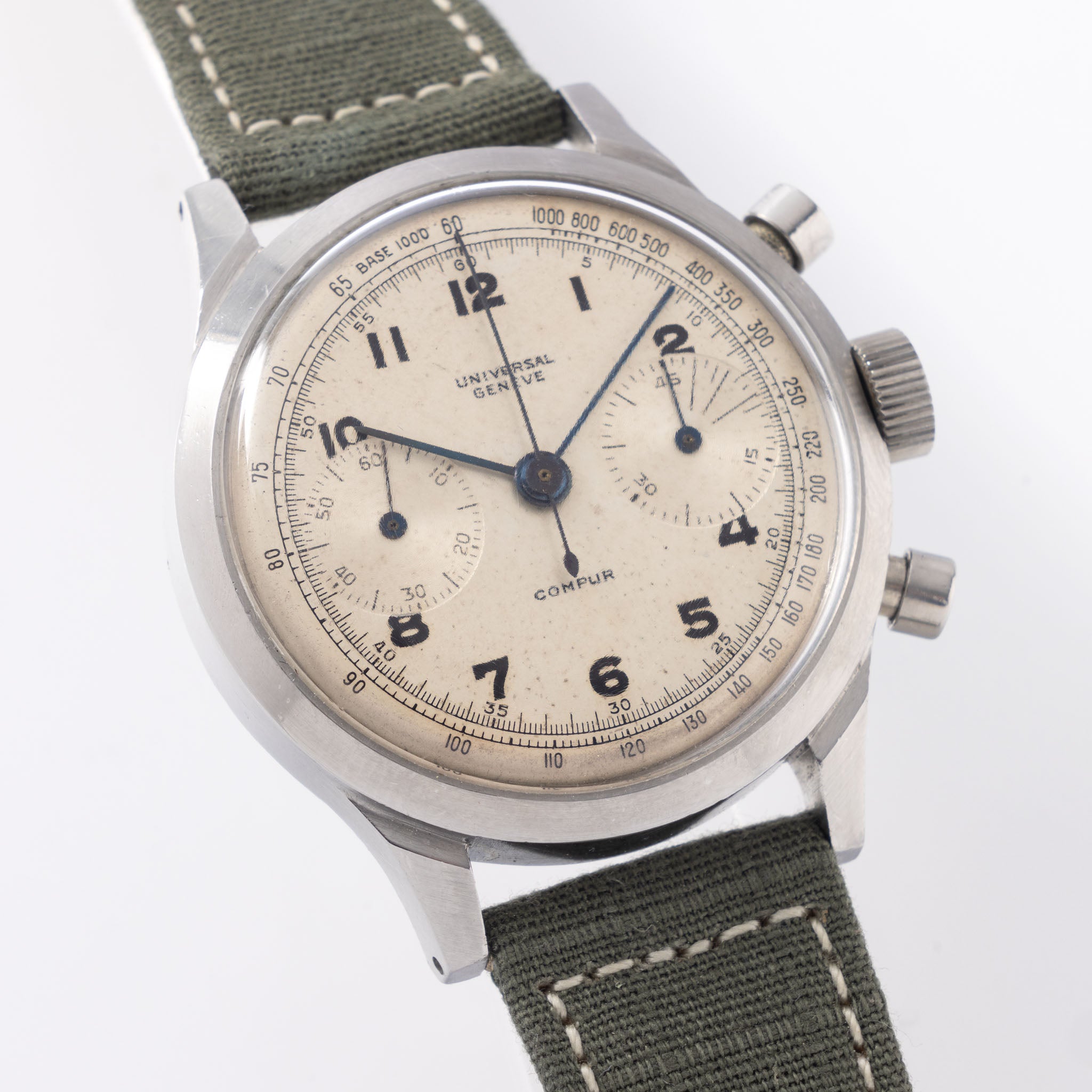 Universal Genève Compur Chronograph Steel Spillmann Case Silver Dial Ref 22409