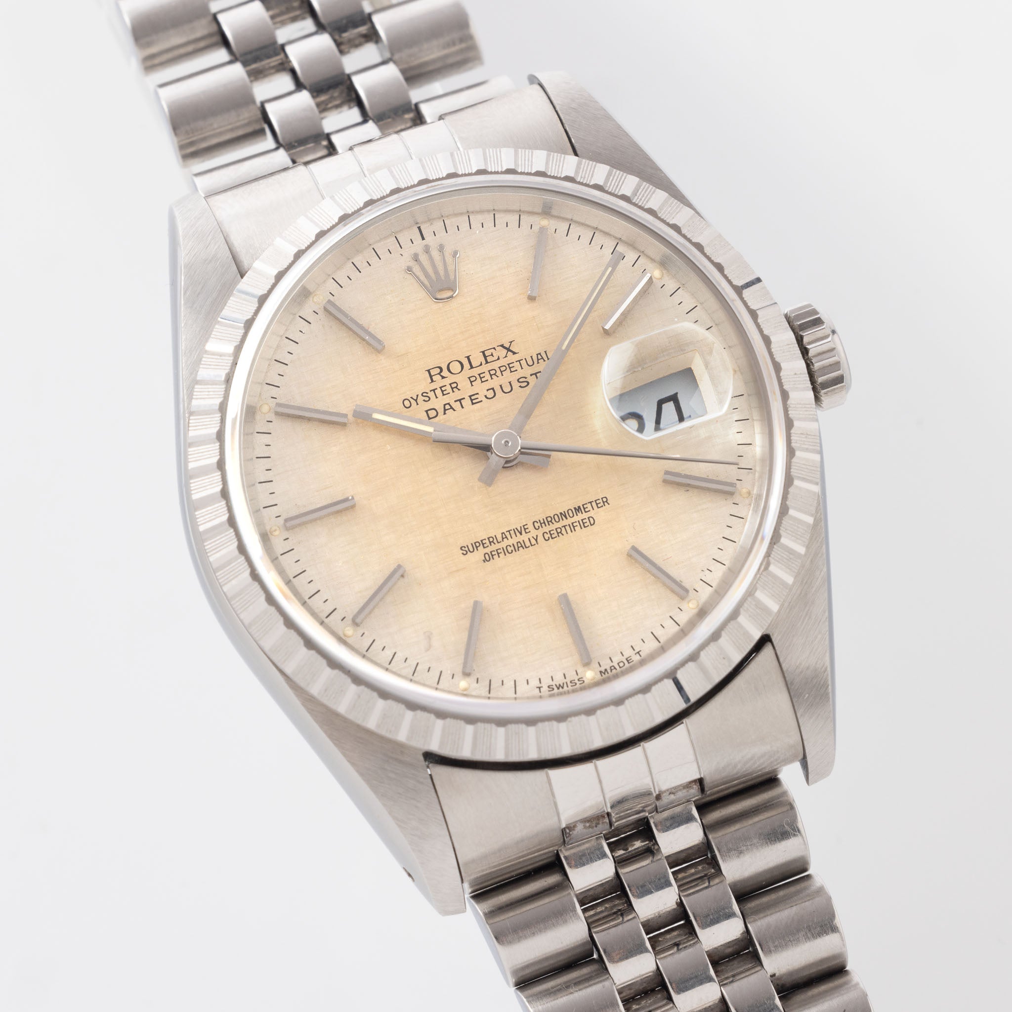 Rolex Datejust "Gold Explosion" Patina Linen Dial Ref. 16220 with Original Warranty Paper