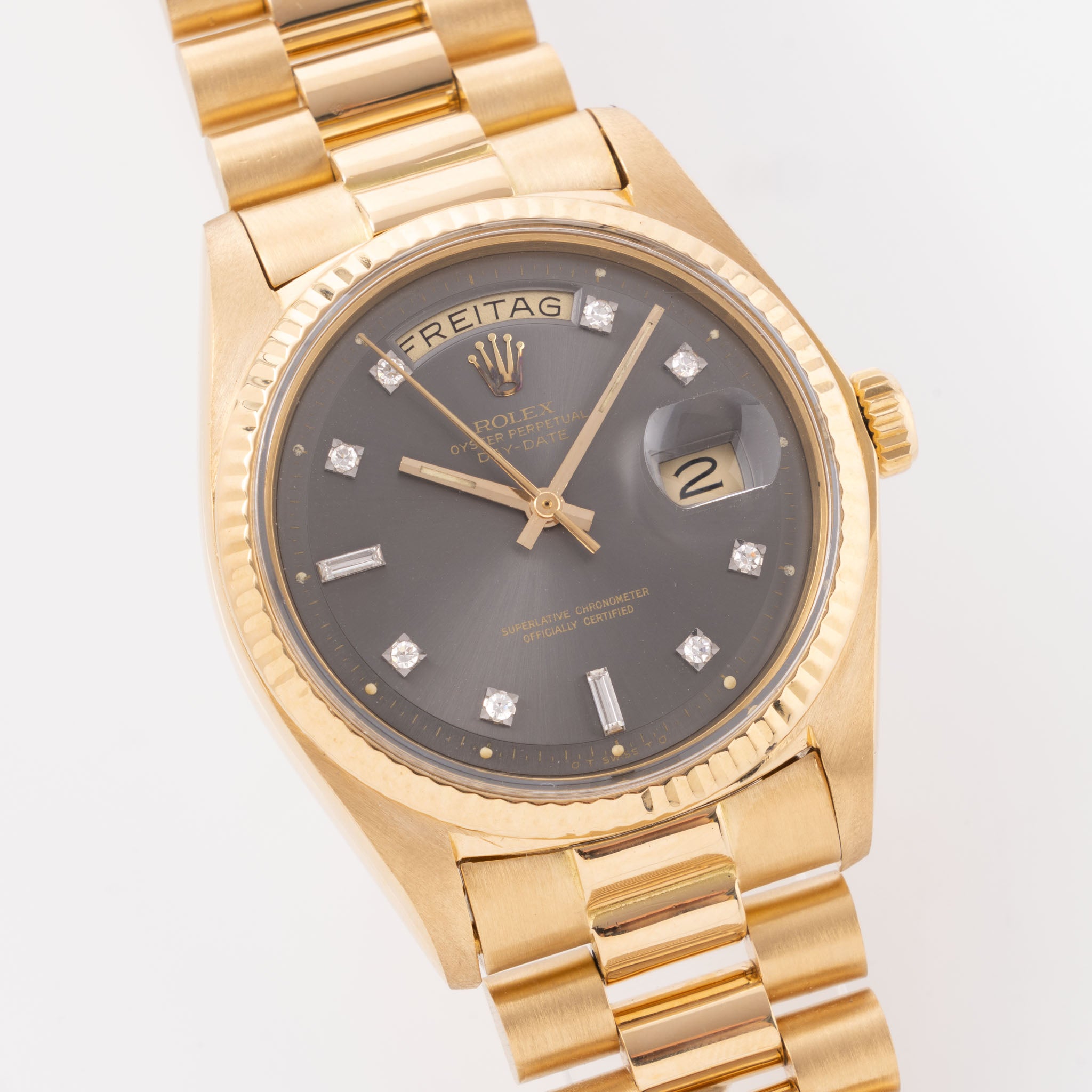 Rolex Day-Date Rare Grey Soleil Diamond Dial in 18k Yellow Gold Ref. 1803