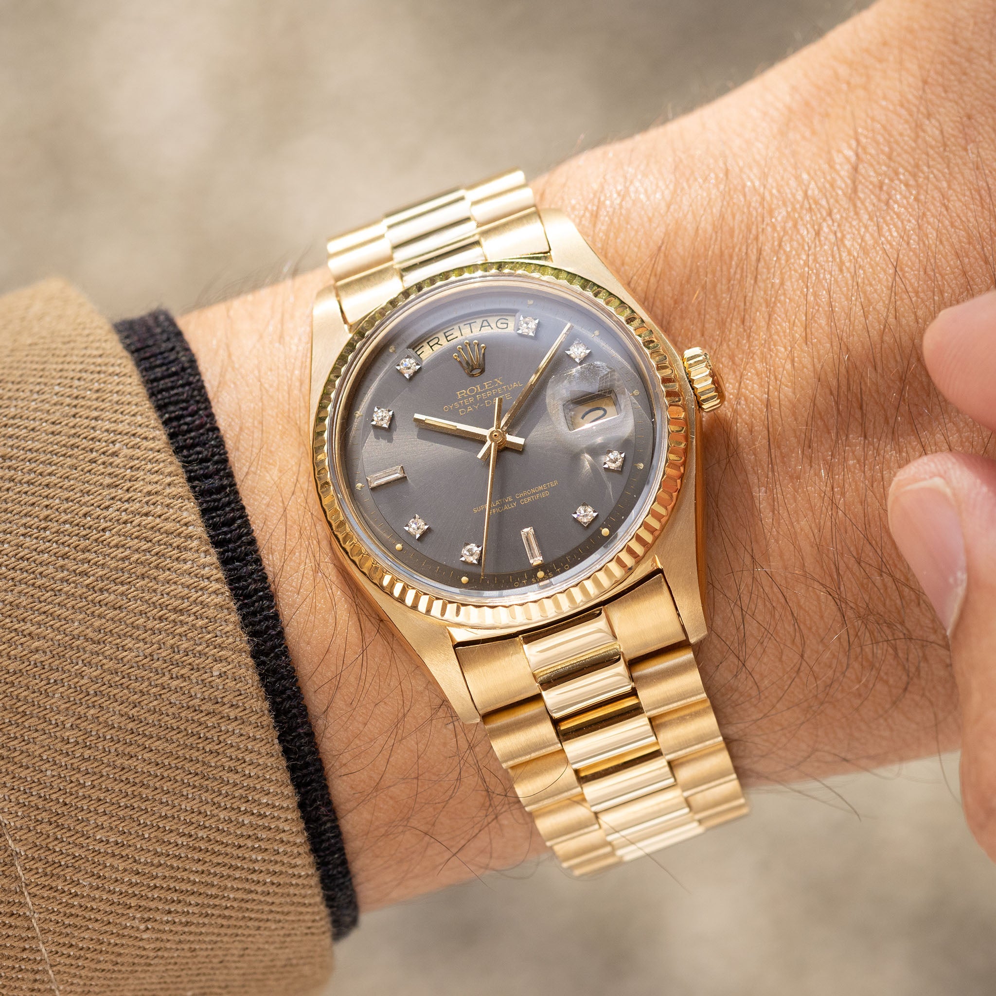 Rolex Day-Date Rare Grey Soleil Diamond Dial in 18k Yellow Gold Ref. 1803