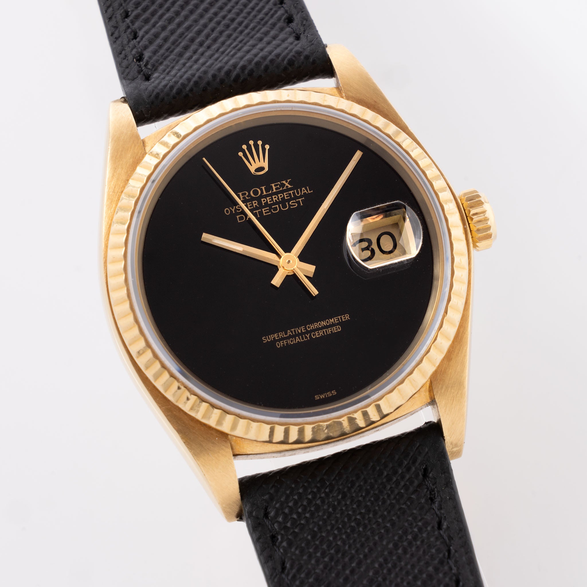 Rolex Datejust in 18k Yellow Gold Onyx Dial Ref 16018 box and paper set