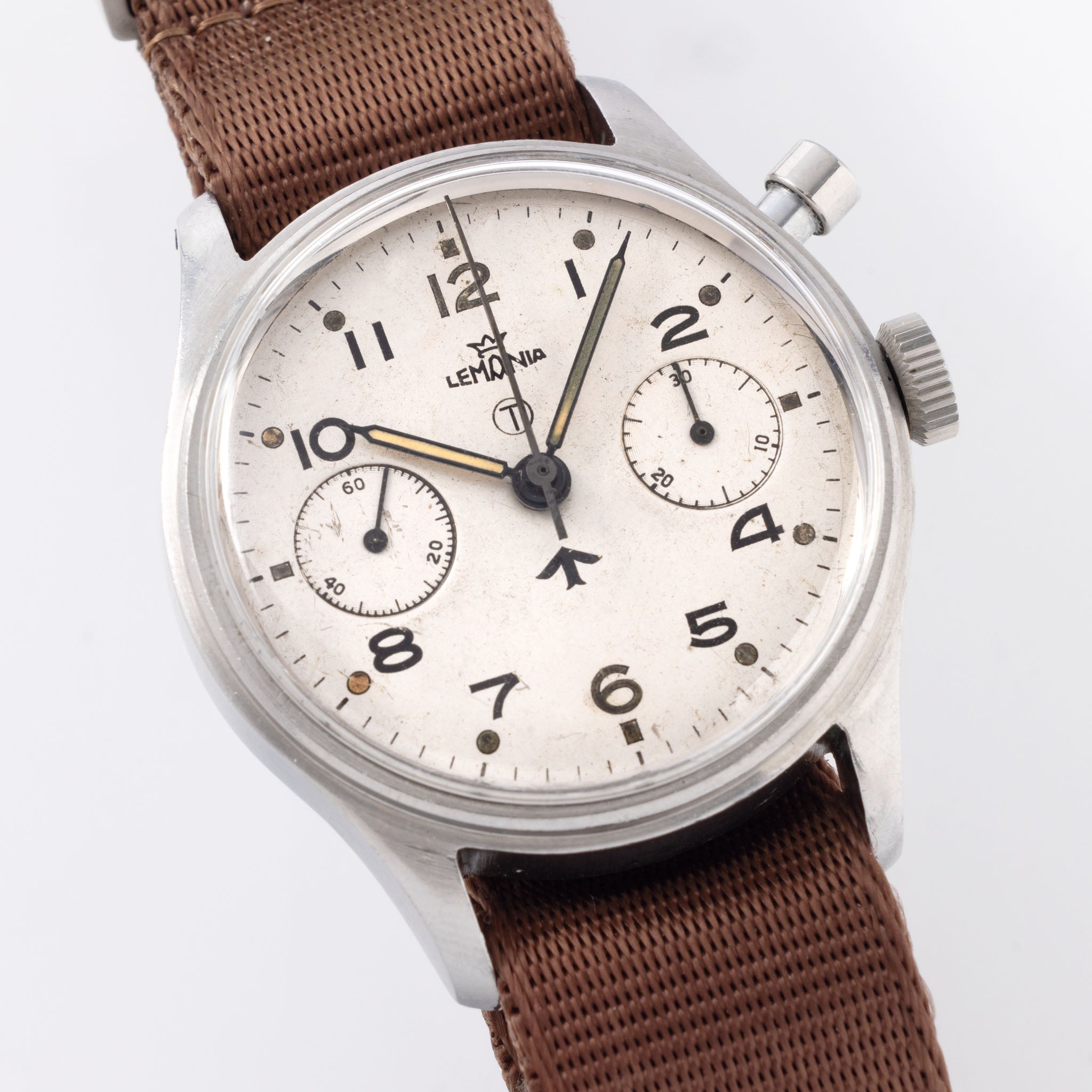 Lemania Monopusher Military Chronograph silver dial 15CHT