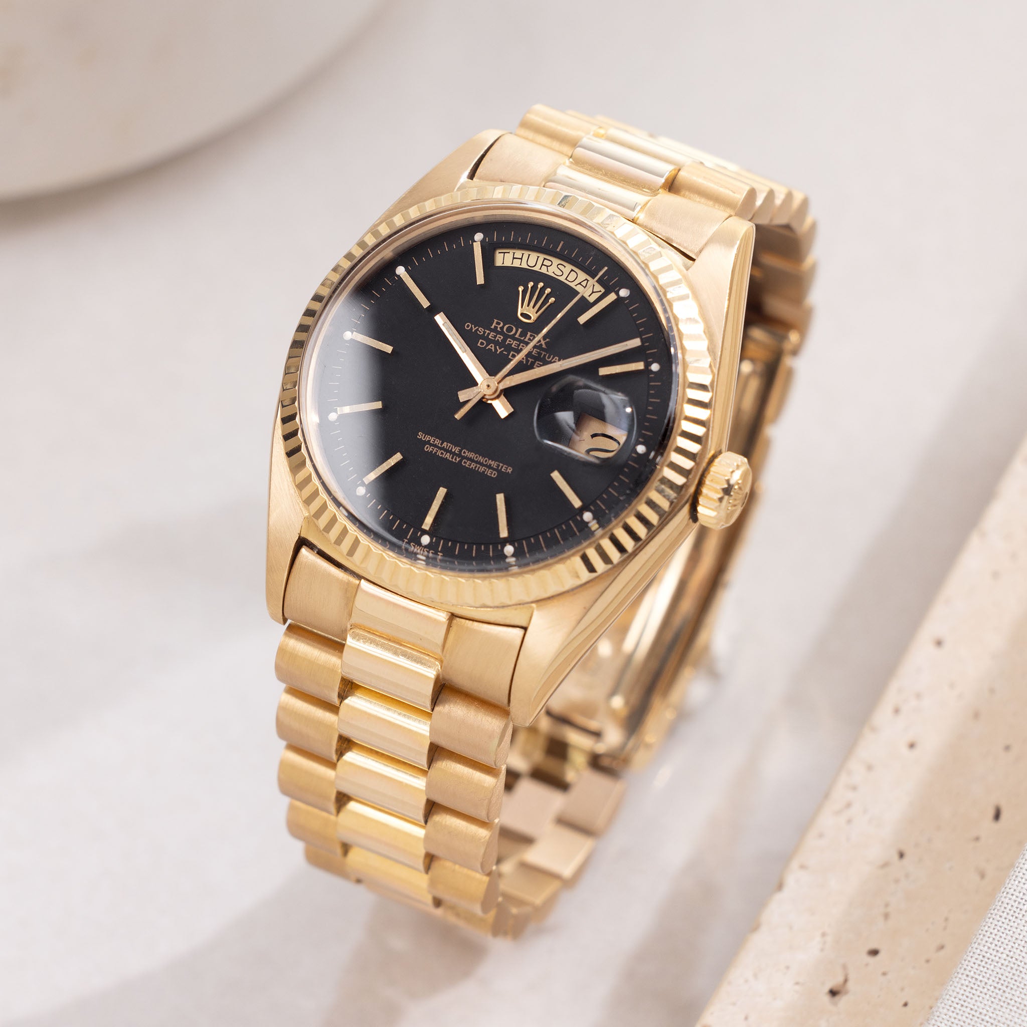 Rolex Day-Date Black Dial Ref. 1803 with Box Original Guarantee Paper Set in 18K Yellow Gold