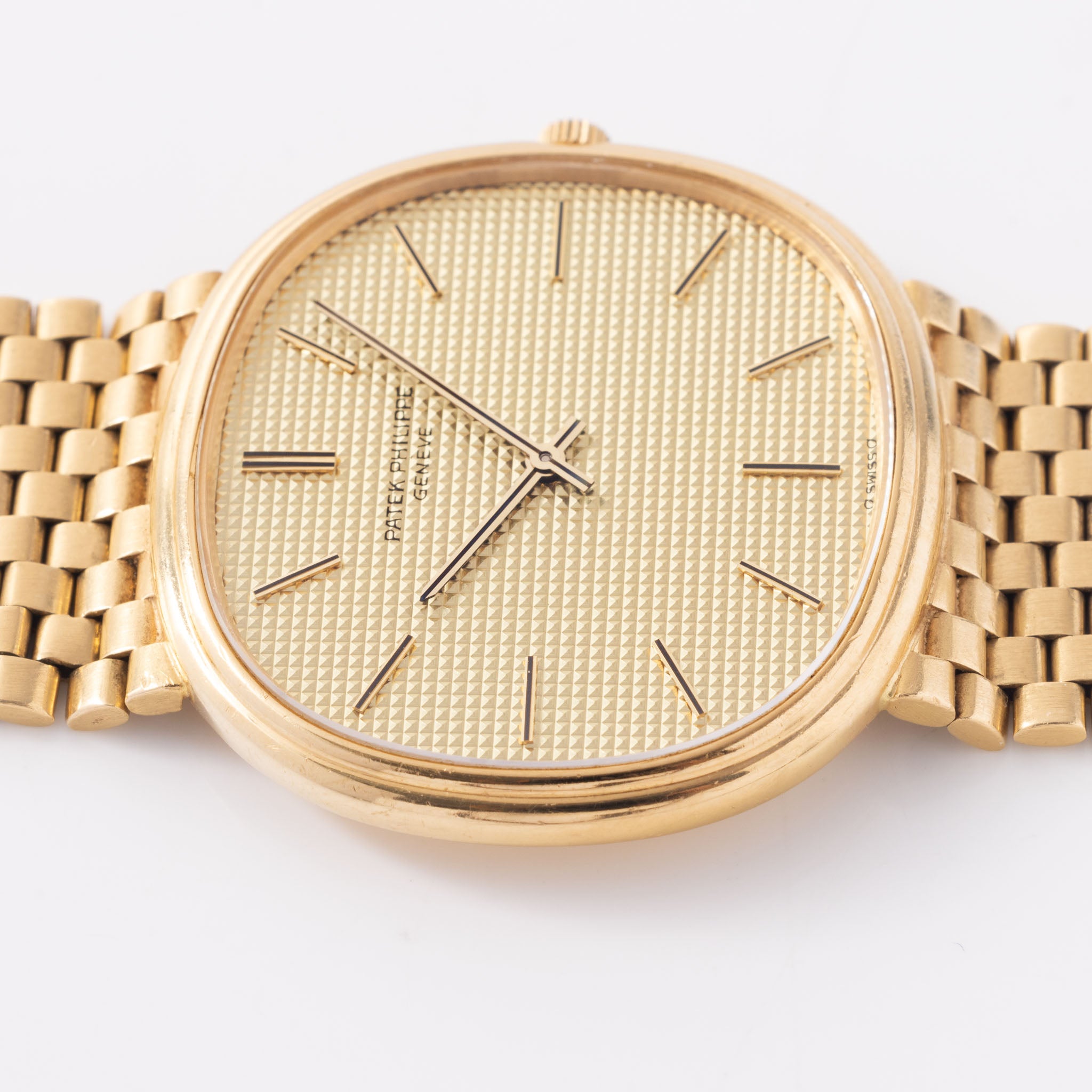 Patek Ellipse Golden Ellipse Hobnail Dial "Jumbo TV case" in 18K Yellow Gold and Rare Integrated Brick Bracelet Ref. 3739/2