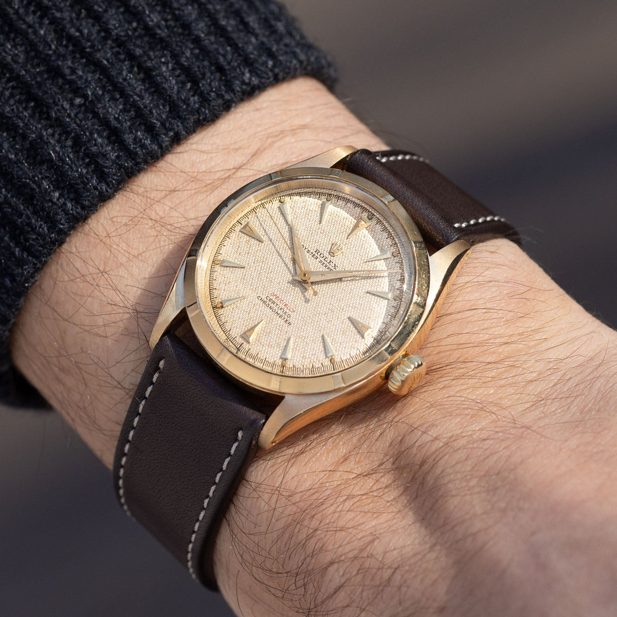 Rolex Oyster-Perpetual 6285 with Honeycomb Red Writing Dial in 18K Yel