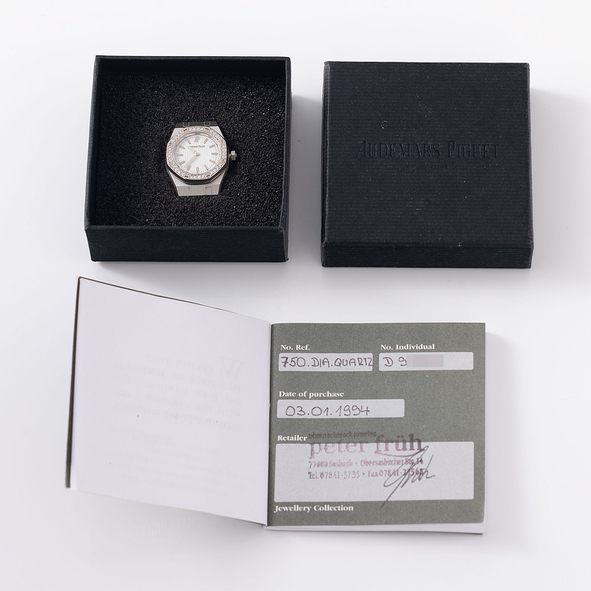 Audemars Piguet Royal Oak Revers Pin Watch in 18K White Gold Box and Certificate of Origin Set "Jewelry Collection"