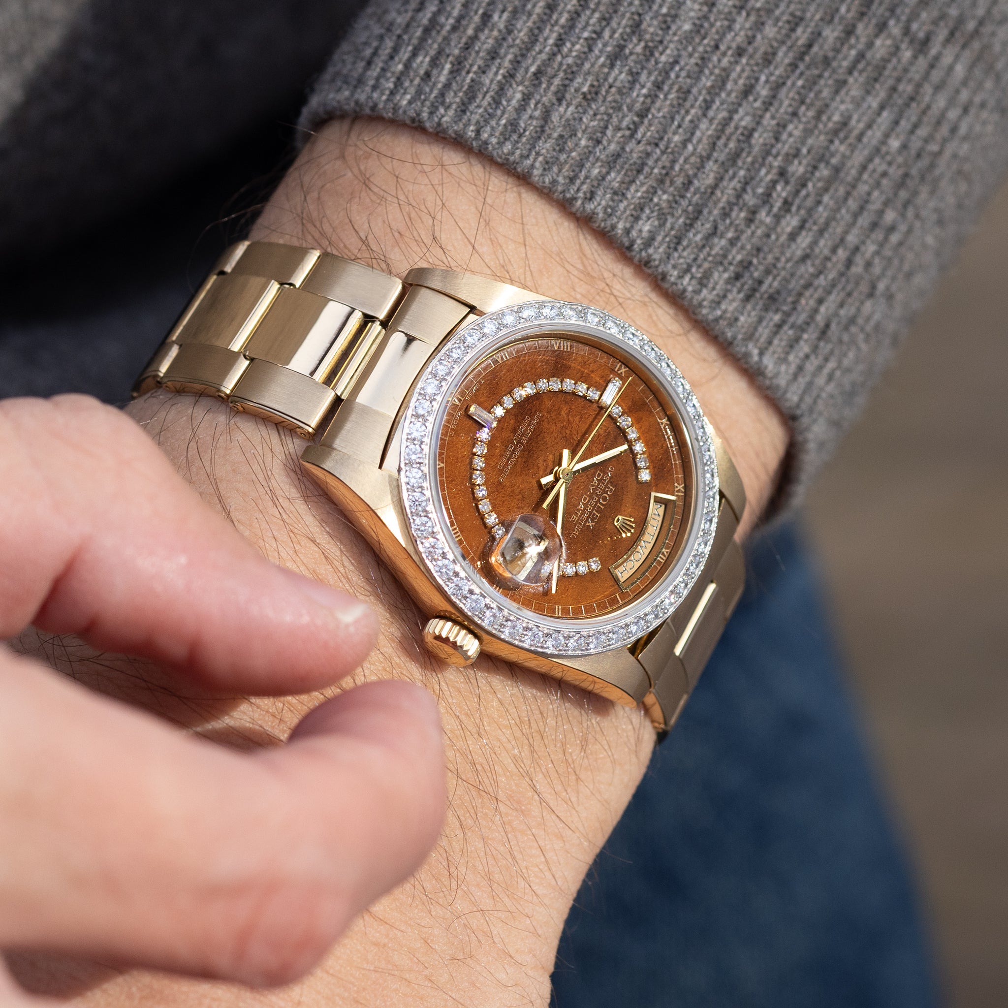 Rolex Day-date Wood Diamond string dial ref 18048 with Original Punche