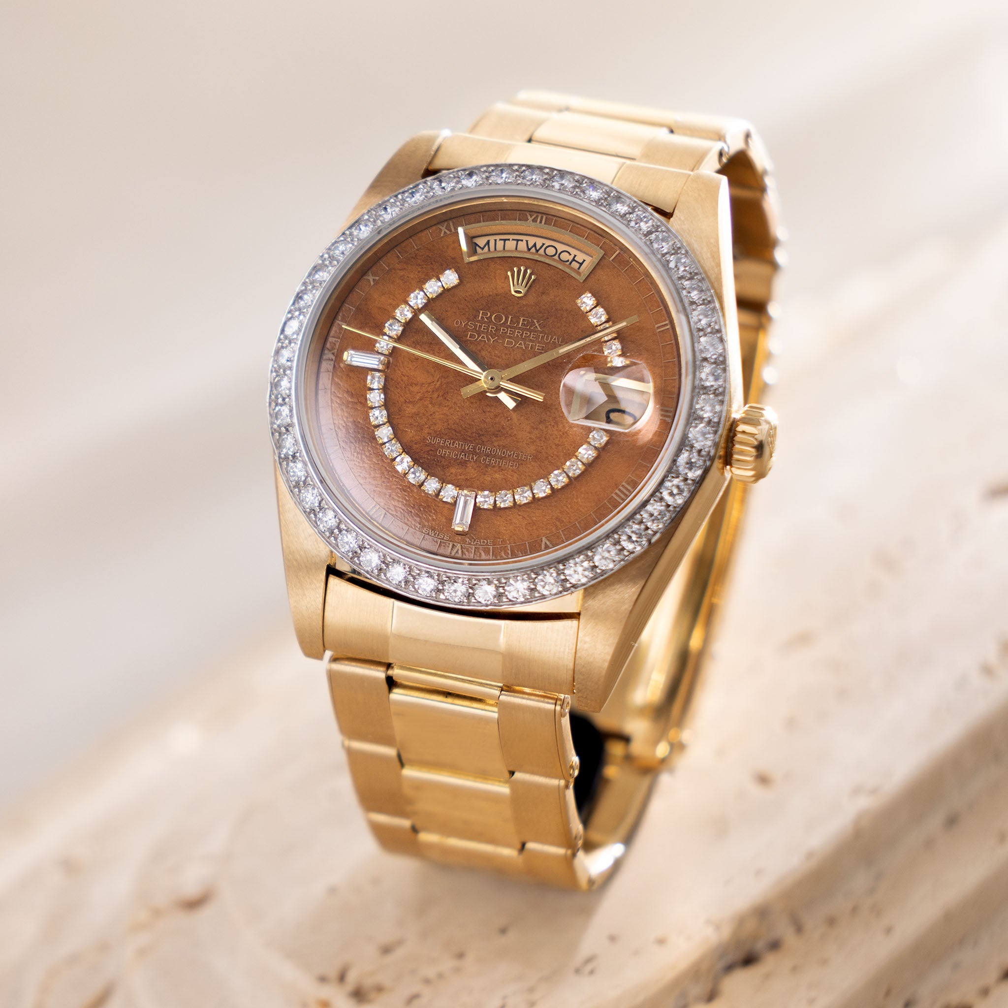 Rolex Day-date Wood Diamond string dial ref 18048 with Original Punched Guarantee Paper
