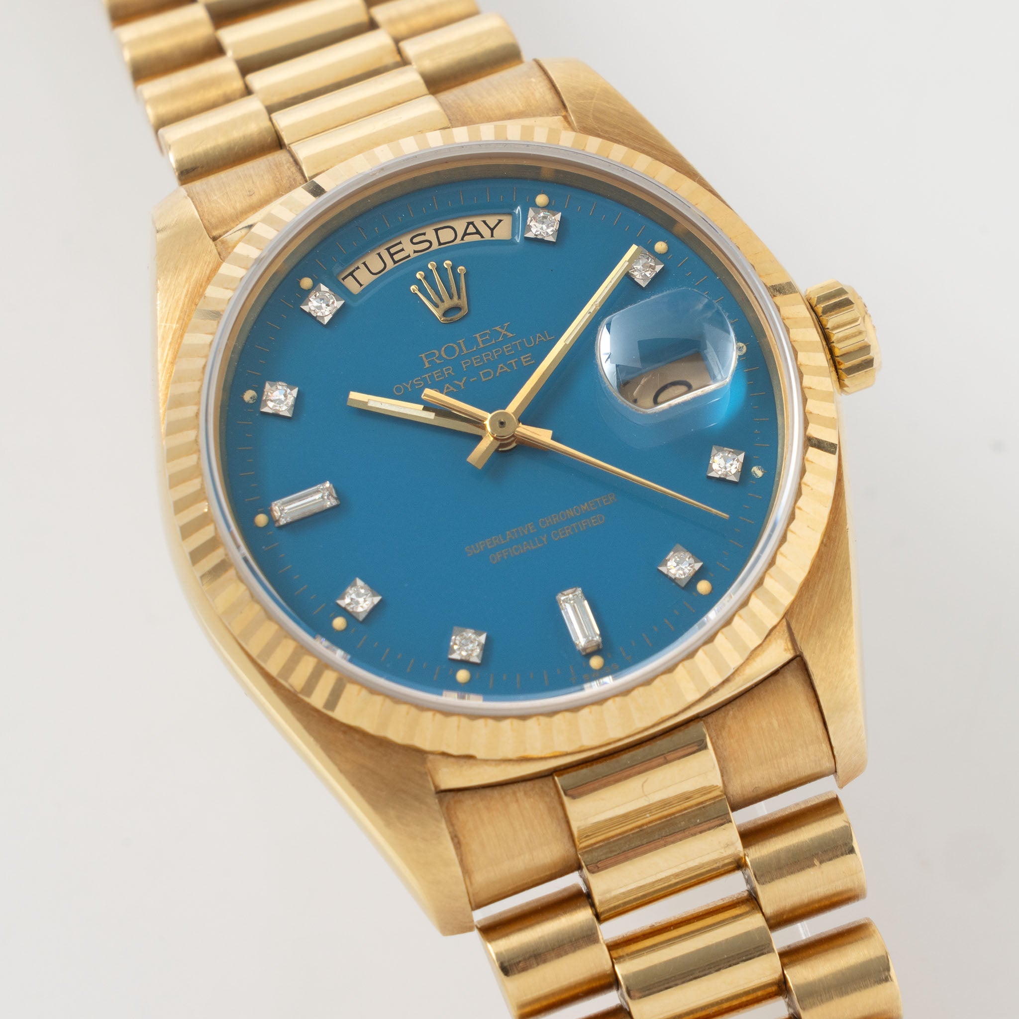 Rolex Day-Date 18038 Petrol Blue Stella Dial in 18k Yellow Gold
