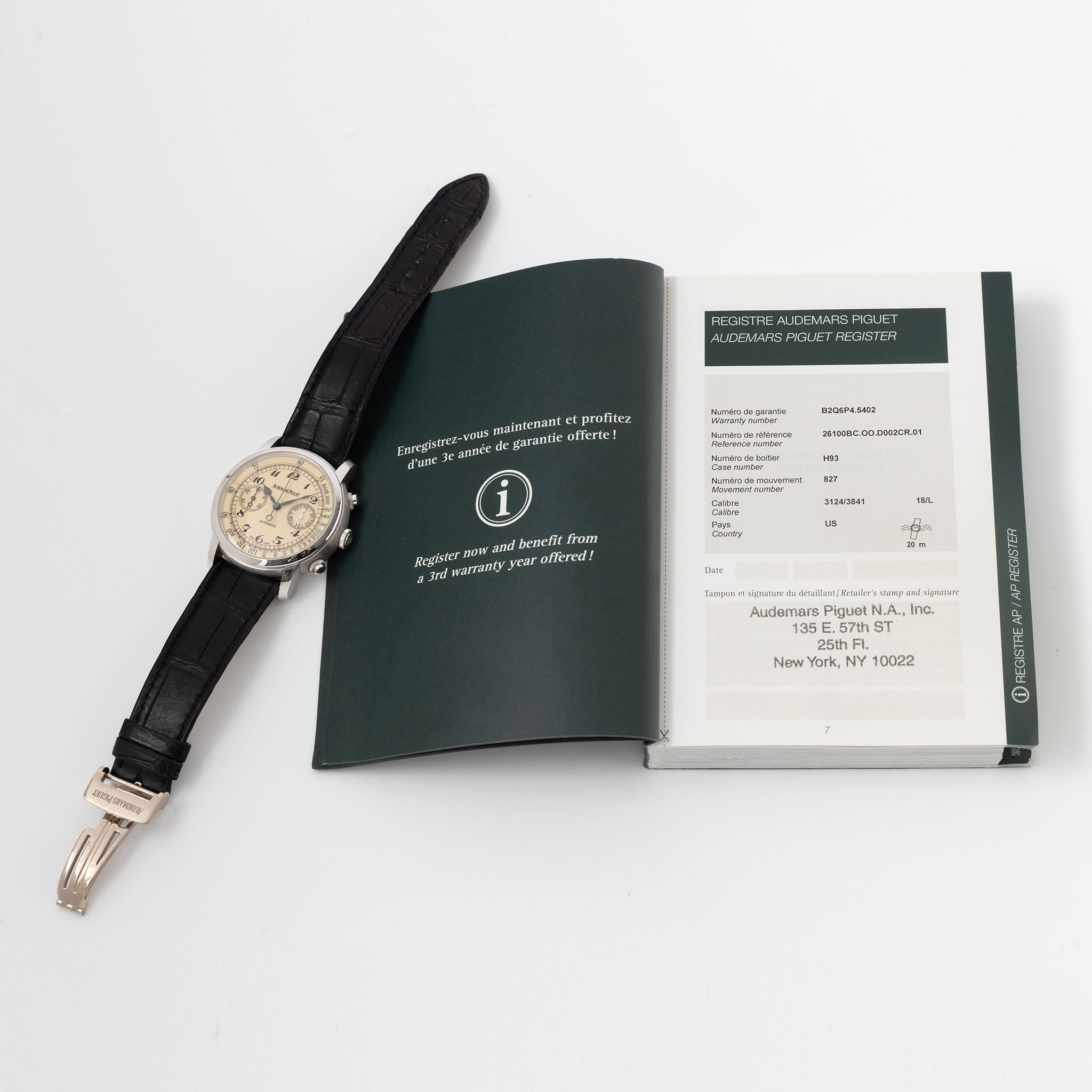 Audemars Piguet Jules Audemars Chronograph in 18k White Gold Cream Dial with Original Warranty and Register Booklet ref. 26100BC