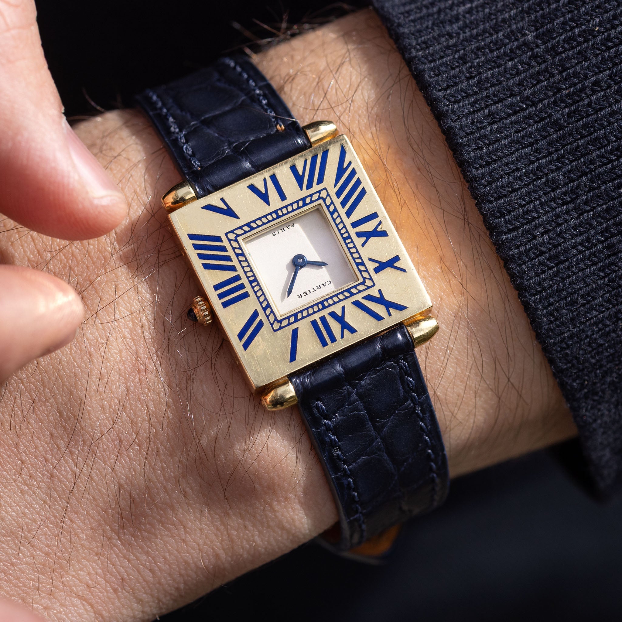 Cartier Obus Paris dial  in 18 k yellow gold Blue enamel numerals