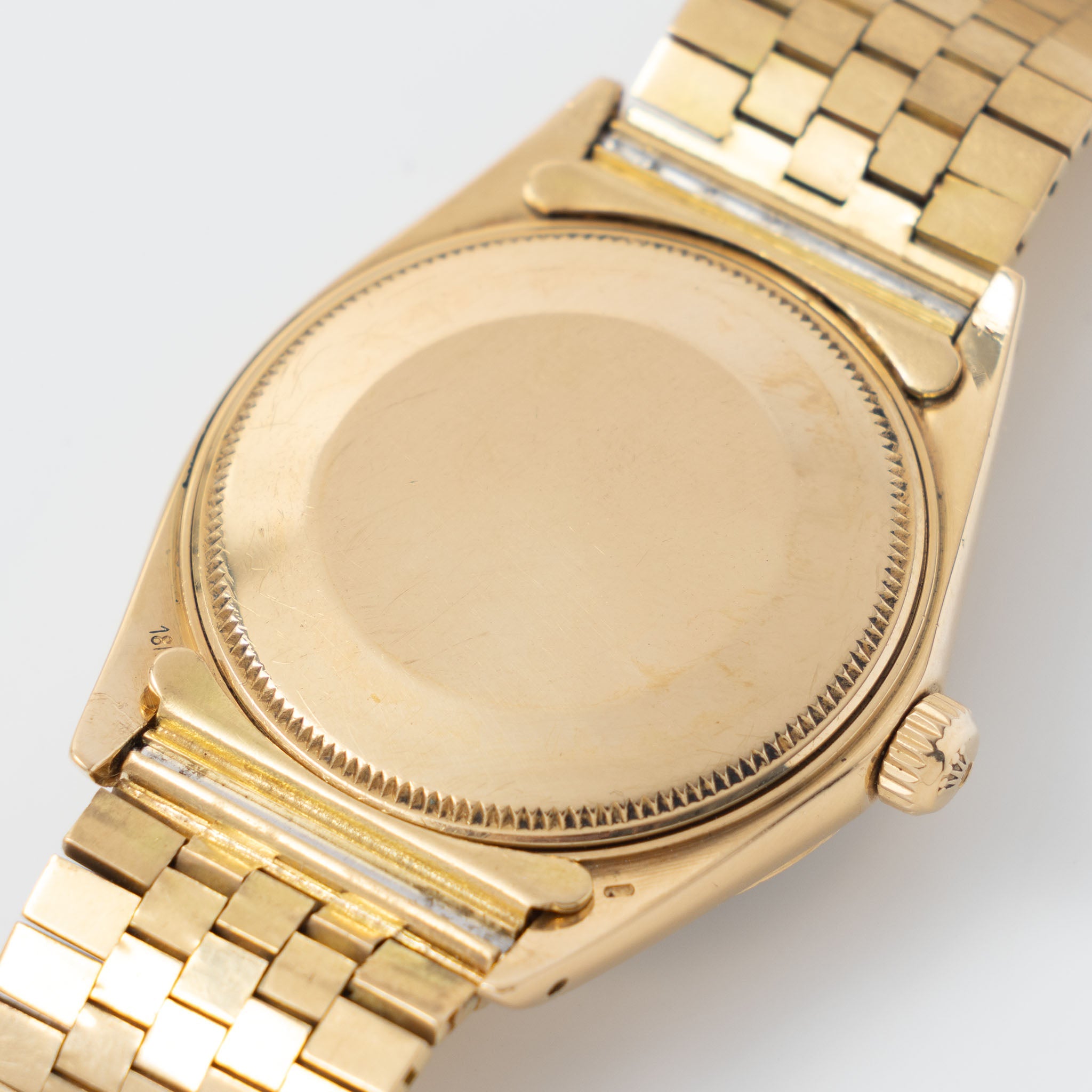 Rolex Oyster Perpetual Date 1504 Grey Shantung Dial Moreau Finish with Brick Bracelet in 18k Yellow Gold