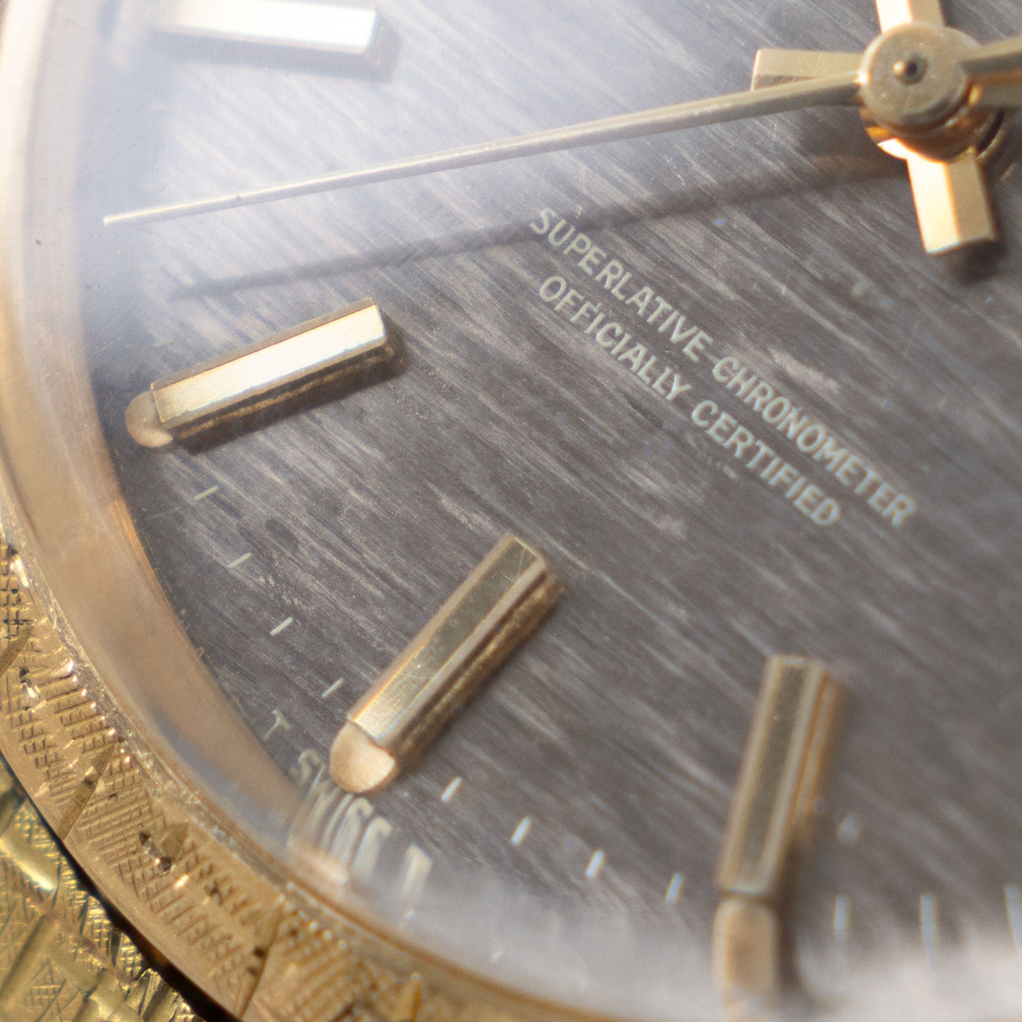 Rolex Oyster Perpetual Date 1504 Grey Shantung Dial Moreau Finish with Brick Bracelet in 18k Yellow Gold