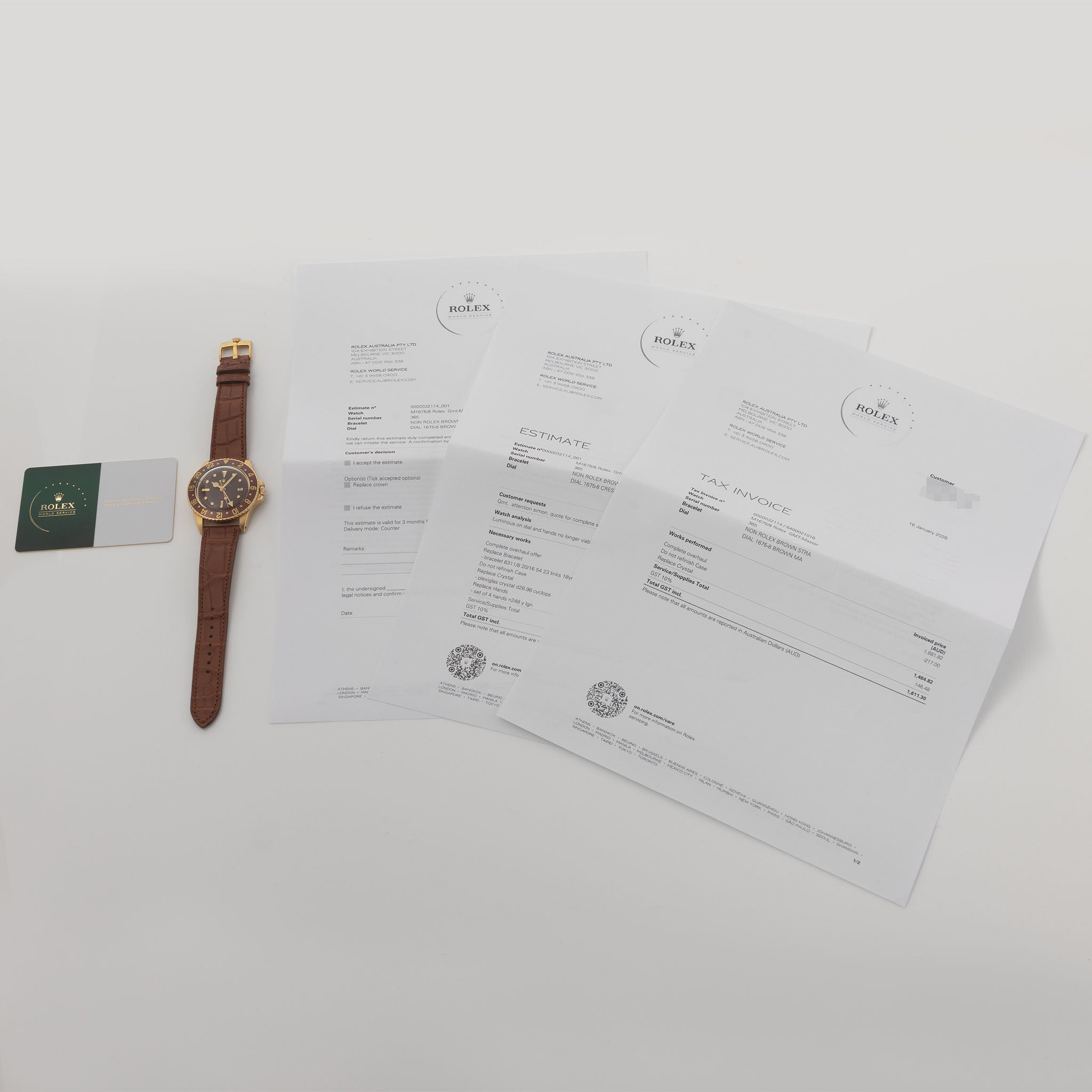 Rolex 1675/8 — Brown Nipple Dial, Large Khanjar. Photographed dealer specimen. Service papers do not establish an original commission. Documented example: 1974. Production span has not been established. · Photo: Bulang & Sons · © Bulang & Sons, used with permission · Source: https://bulangandsons.com/products/rolex-gmt-master-1675-8-unqiue-brown-khanjar-nipple-dial-with-rolex-service-papers-w3702