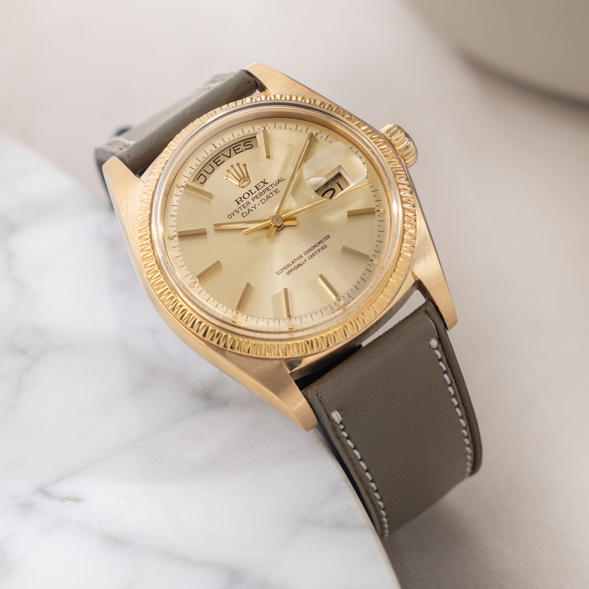 Rolex Day-Date 1807 Bark Finish Champagne Dial in 18k Yellow Gold Box and Paper Set