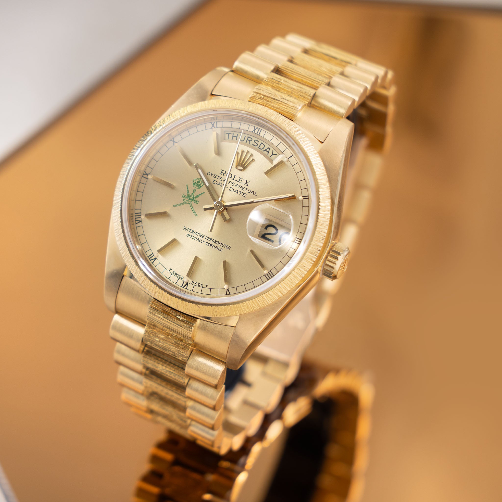 Rolex Day-Date 18078 Green Khanjar Champagne Dial Bark Finish in 18k Y