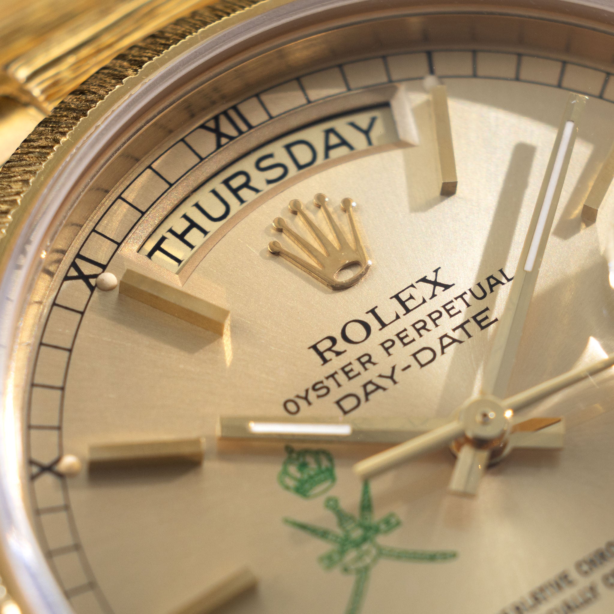 Rolex Day-Date 18078 Green Khanjar Champagne Dial Bark Finish in 18k Y