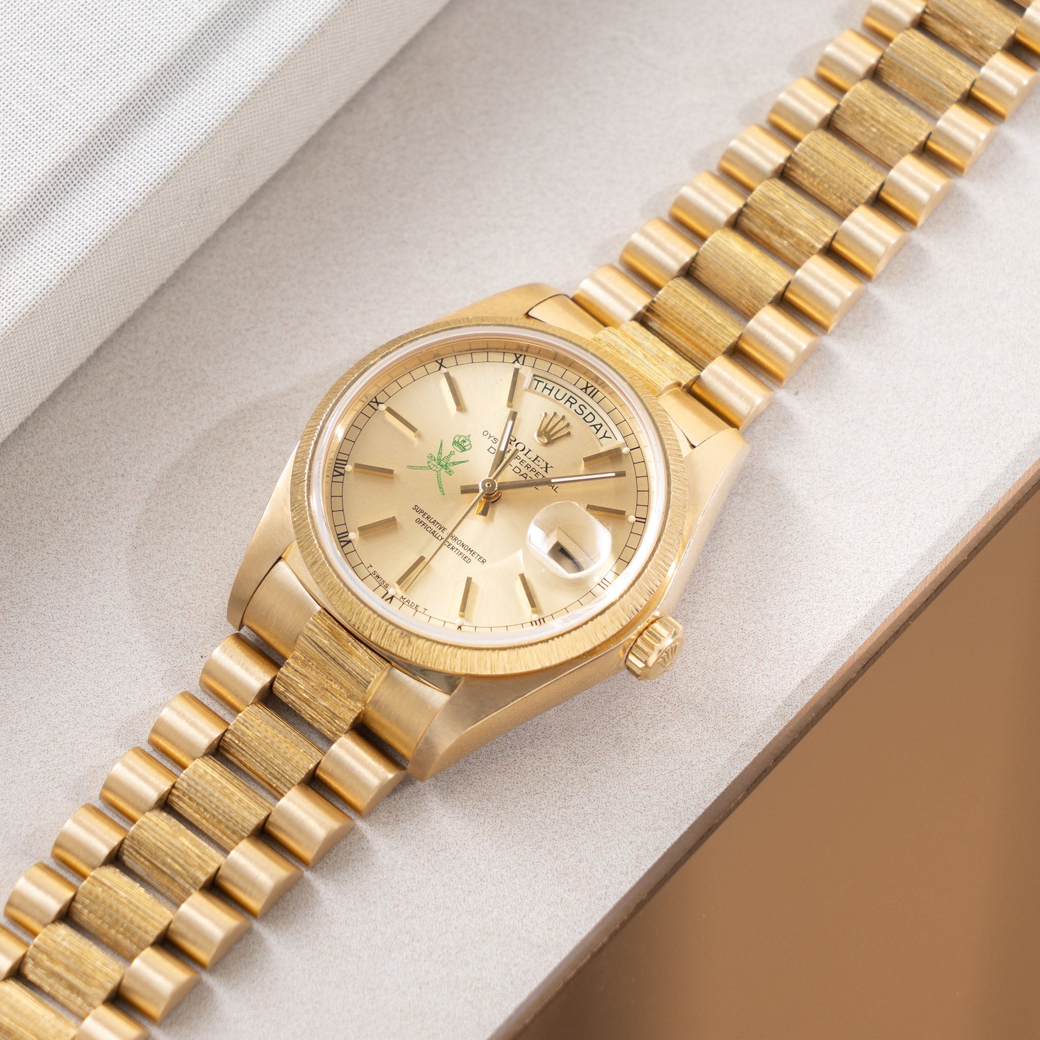 Rolex Day-Date 18078 Green Khanjar Champagne Dial Bark Finish in 18k Y