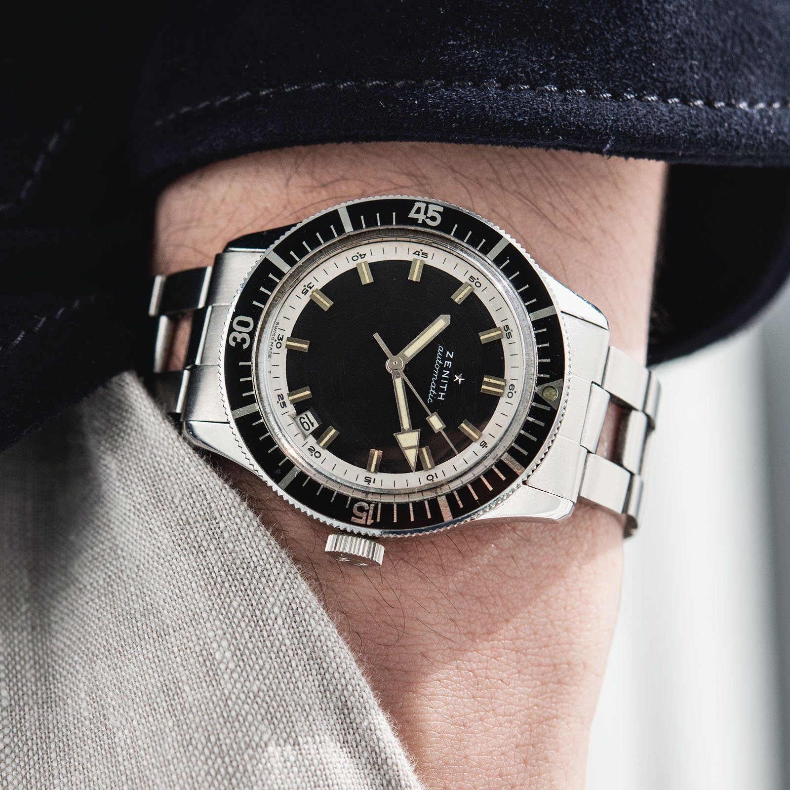 Zenith Diver Black Dial  ref A3630 on Gay Freres Ladder Bracelet