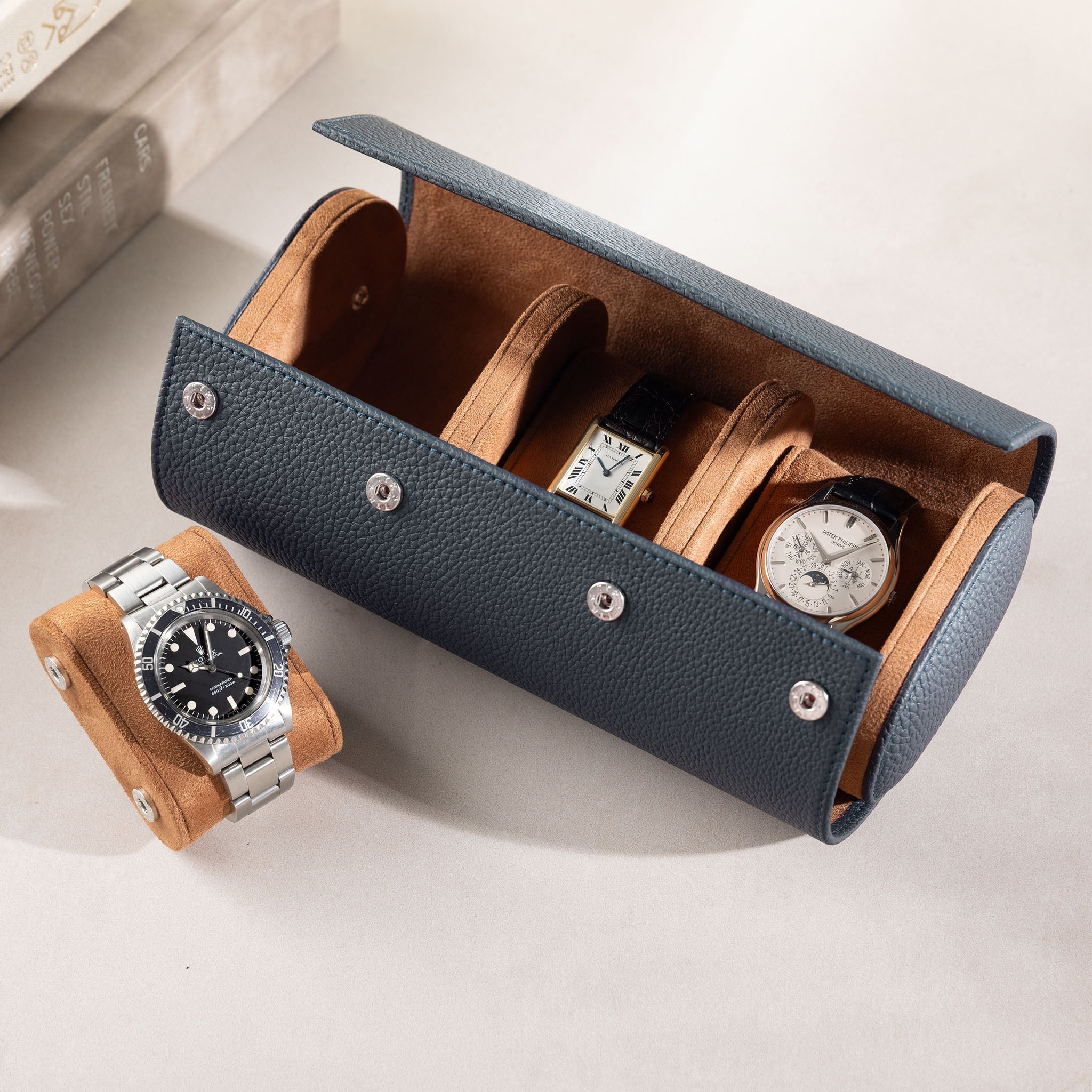 Oval 3 Watch Dark Blue Leather Watch Box