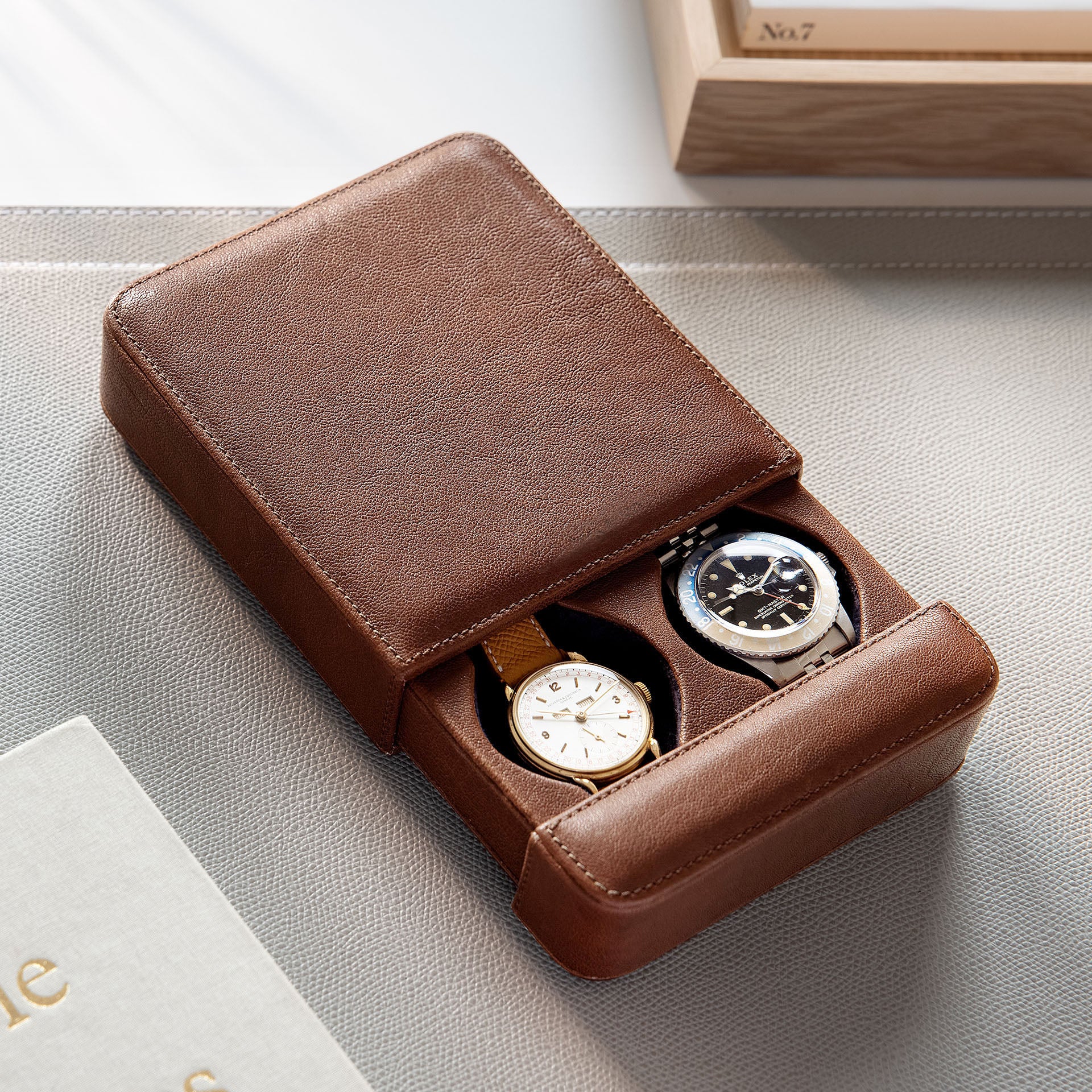 Washed Brown Leather 2 Watch Slider Box