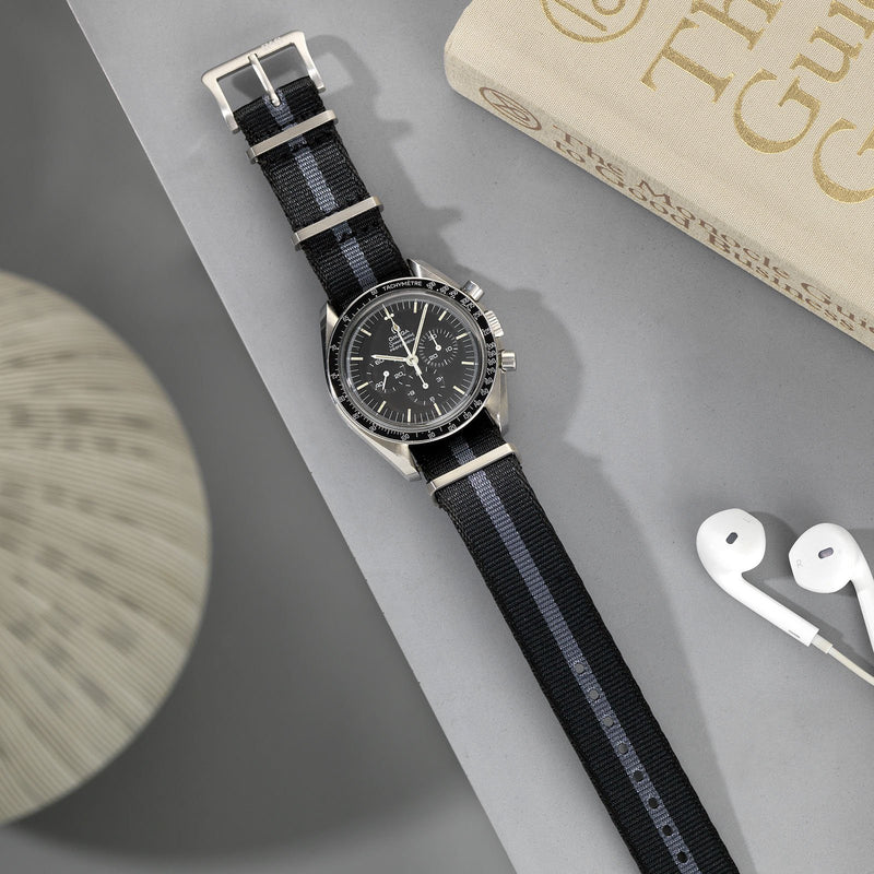 Omega Deluxe Nylon Nato Watch Strap Black One Stripe Grey