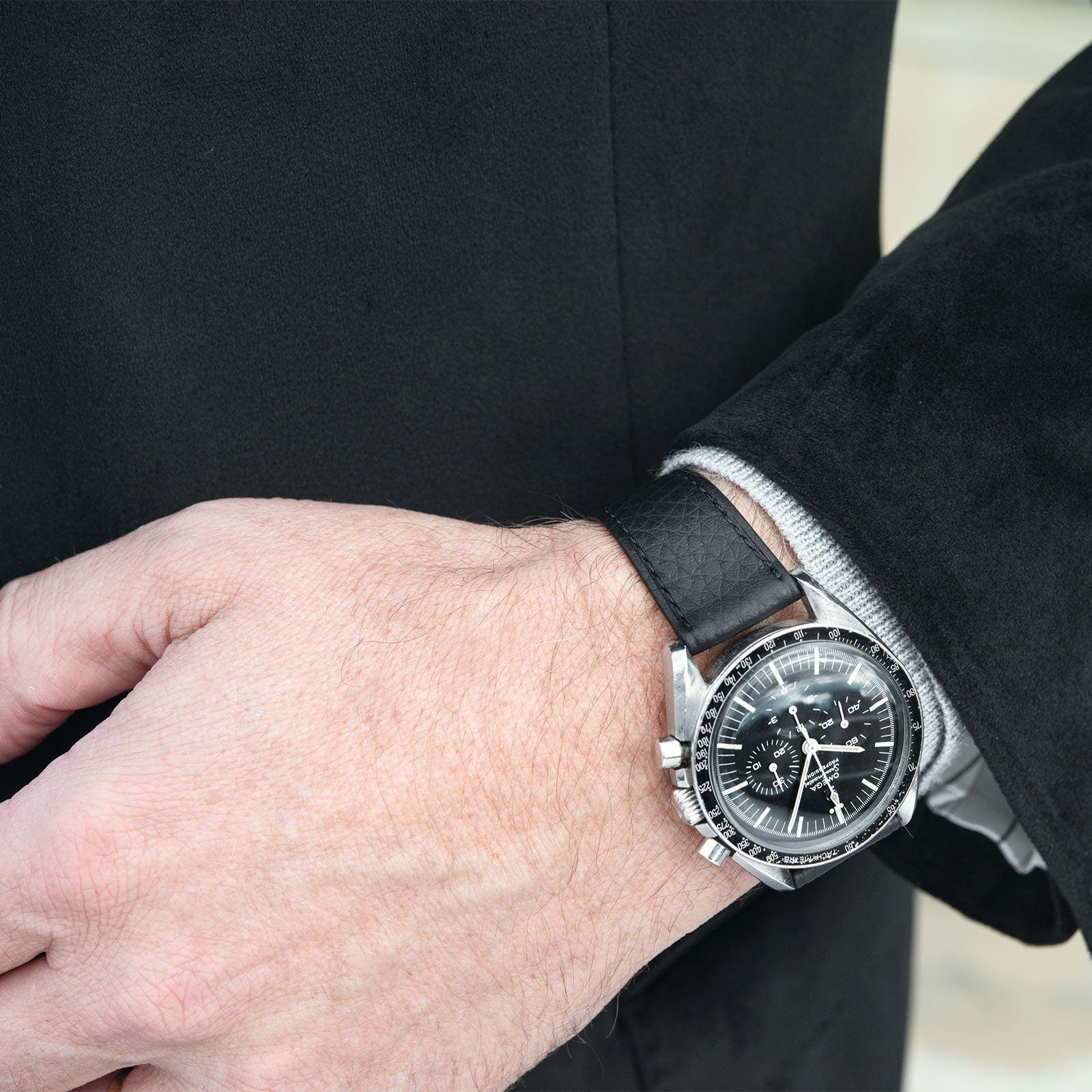 B&S Taurillon Black Speedy Leather Watch Strap on an Omega Speedmaster Ed White LR 16