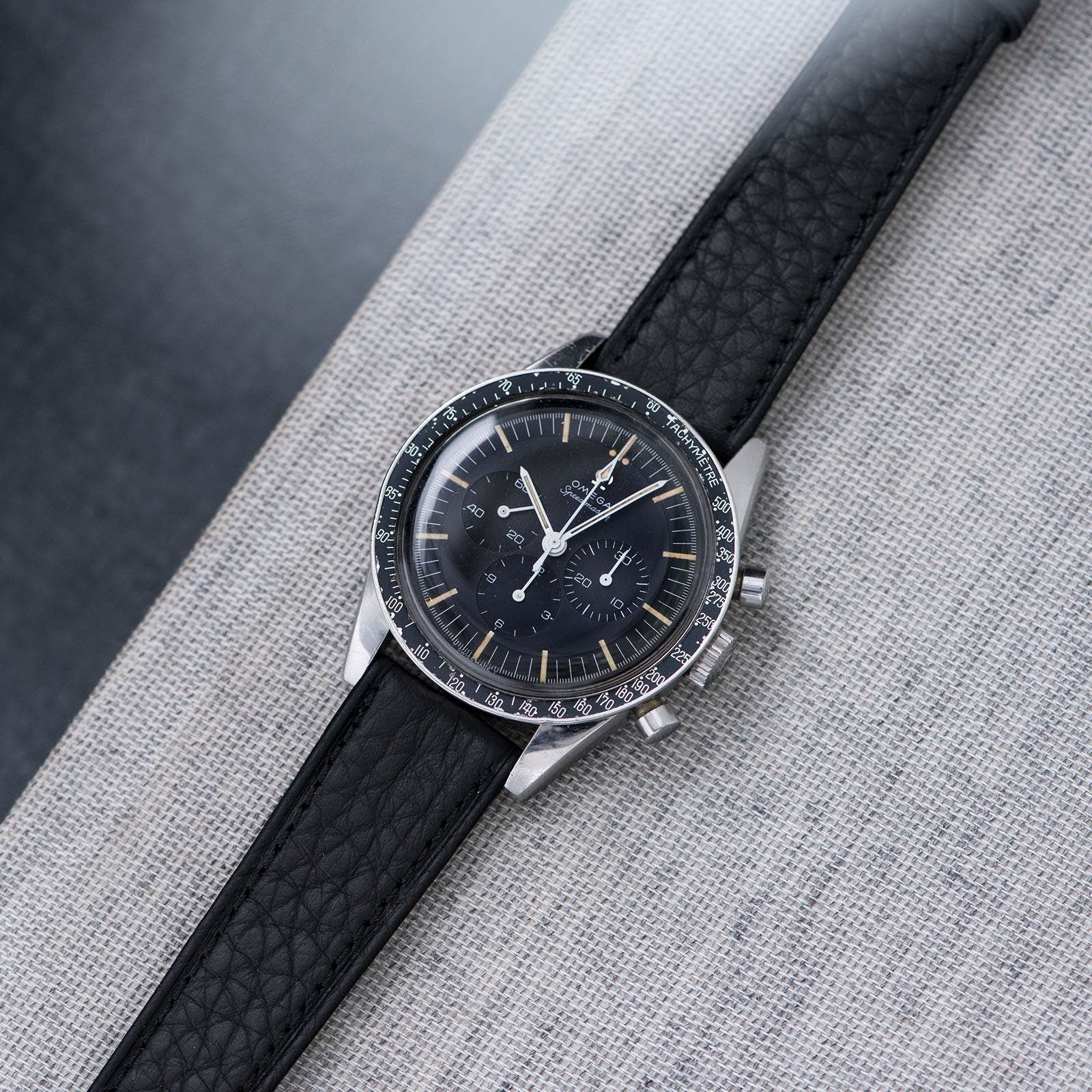 B&S Taurillon Black Speedy Leather Watch Strap on an Omega Speedmaster Ed White