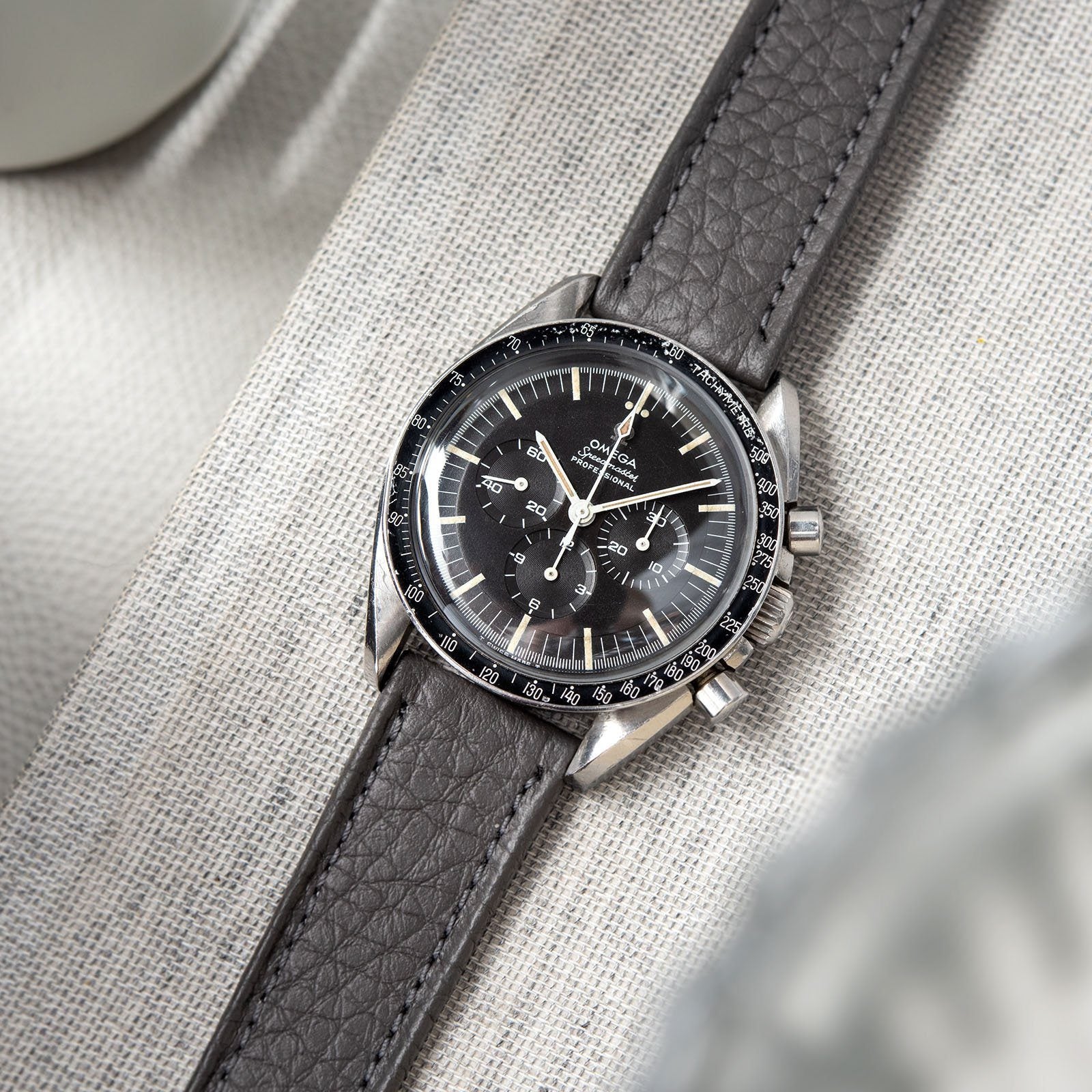 B&S Taurillon Grey Heritage Leather Watch Strap on a Omega Speedmaster Professional