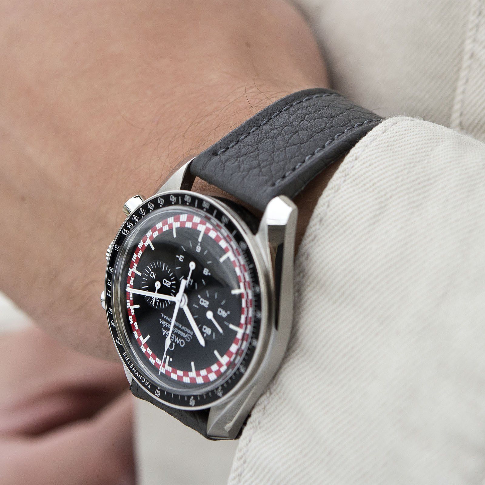 B&S Taurillon Grey Heritage Leather Watch Strap on a Omega Speedmaster Tintin 