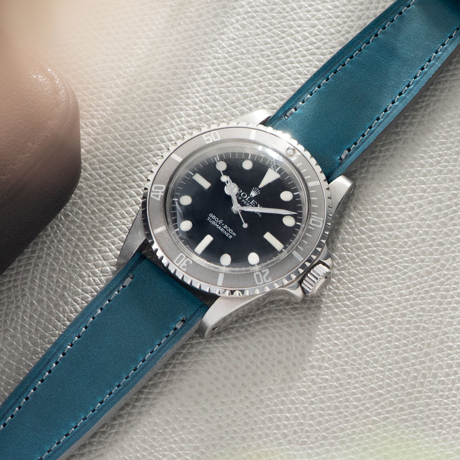 Château de Cassis Blue Horween Leather Watch Strap On a Rolex 5513 Maxi Mk1 Submariner
